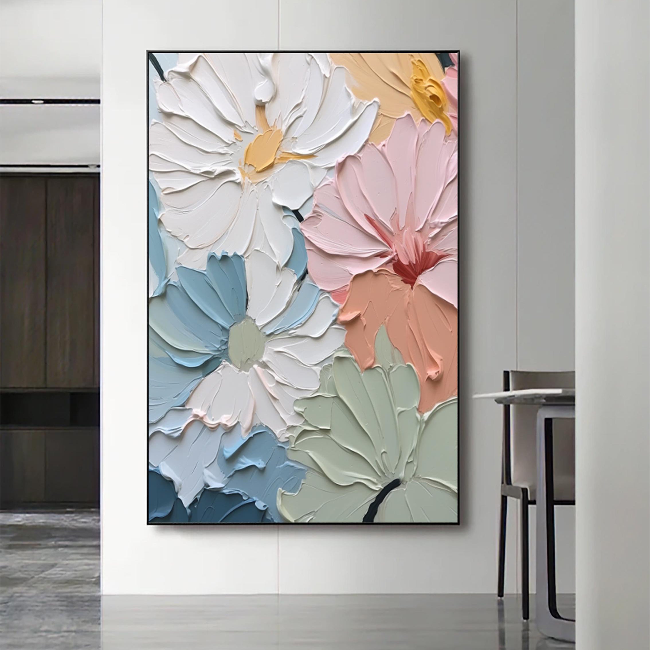 Pastel Blooms – Hand-Painted 3D Impasto Multicolored Flower Thick Floral Painting | Vibrant Botanical Living Room & Dining Room Art