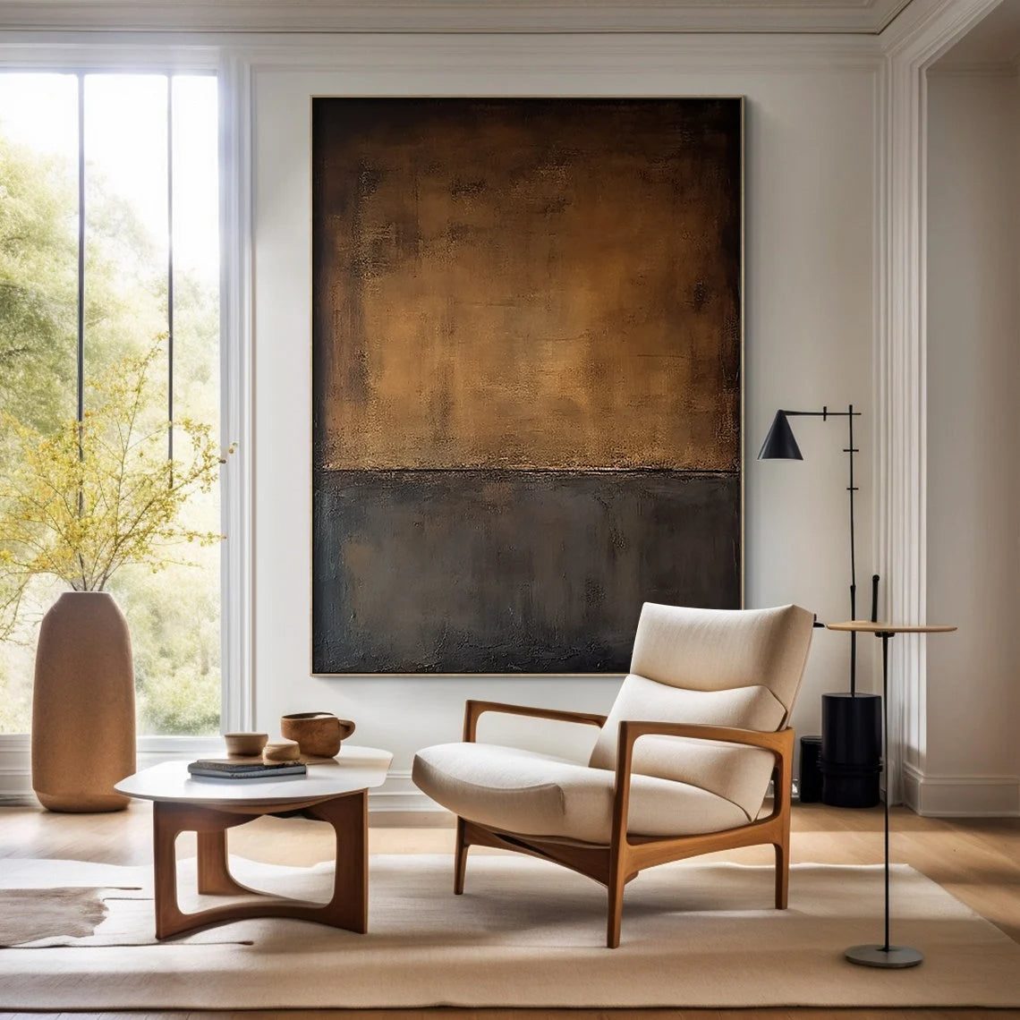 Earthen Dusk – Hand-Painted Coffee Brown and Charcoal Black Minimalist Plaster Relief Wabi-Sabi Painting | Modern Noir Wabi-Sabi Living Room & Home Office Art