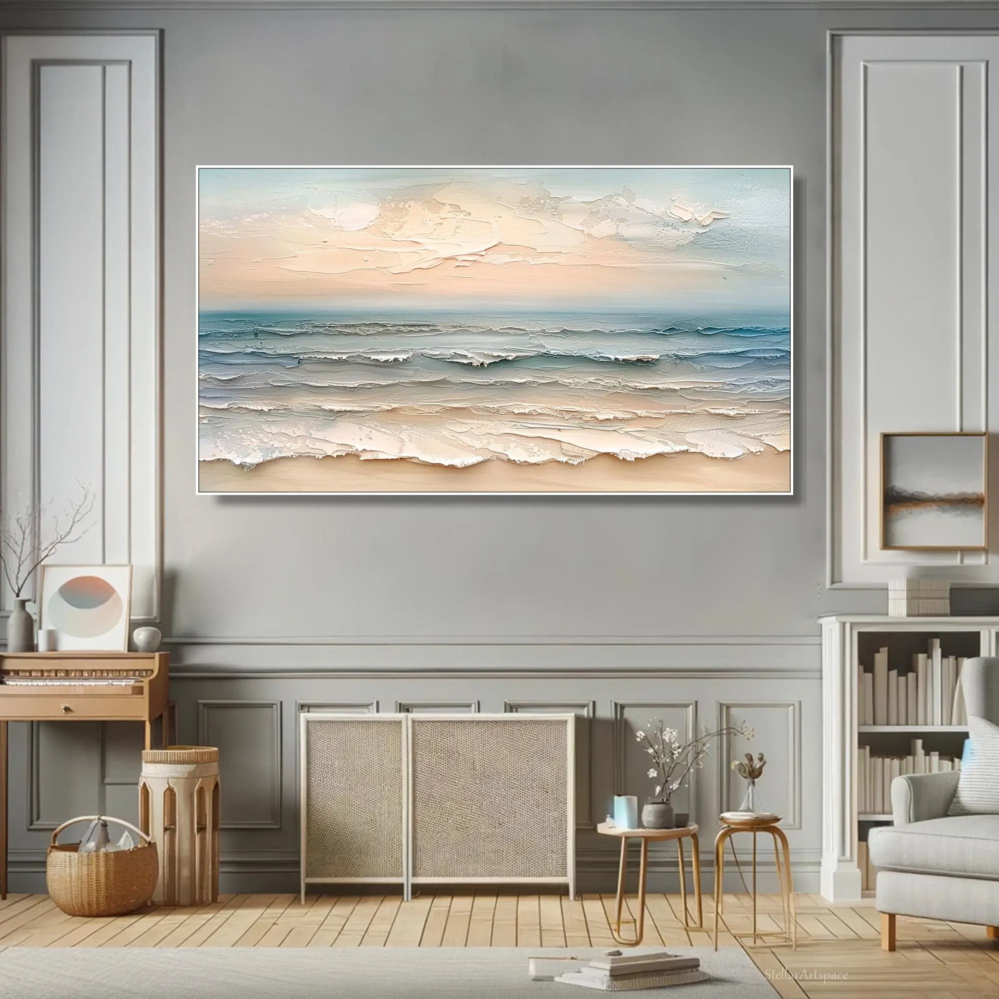 Ocean Whispers – Modern Creamy Coastal Seascape Textured Painting | Large Horizontal Living Room Art