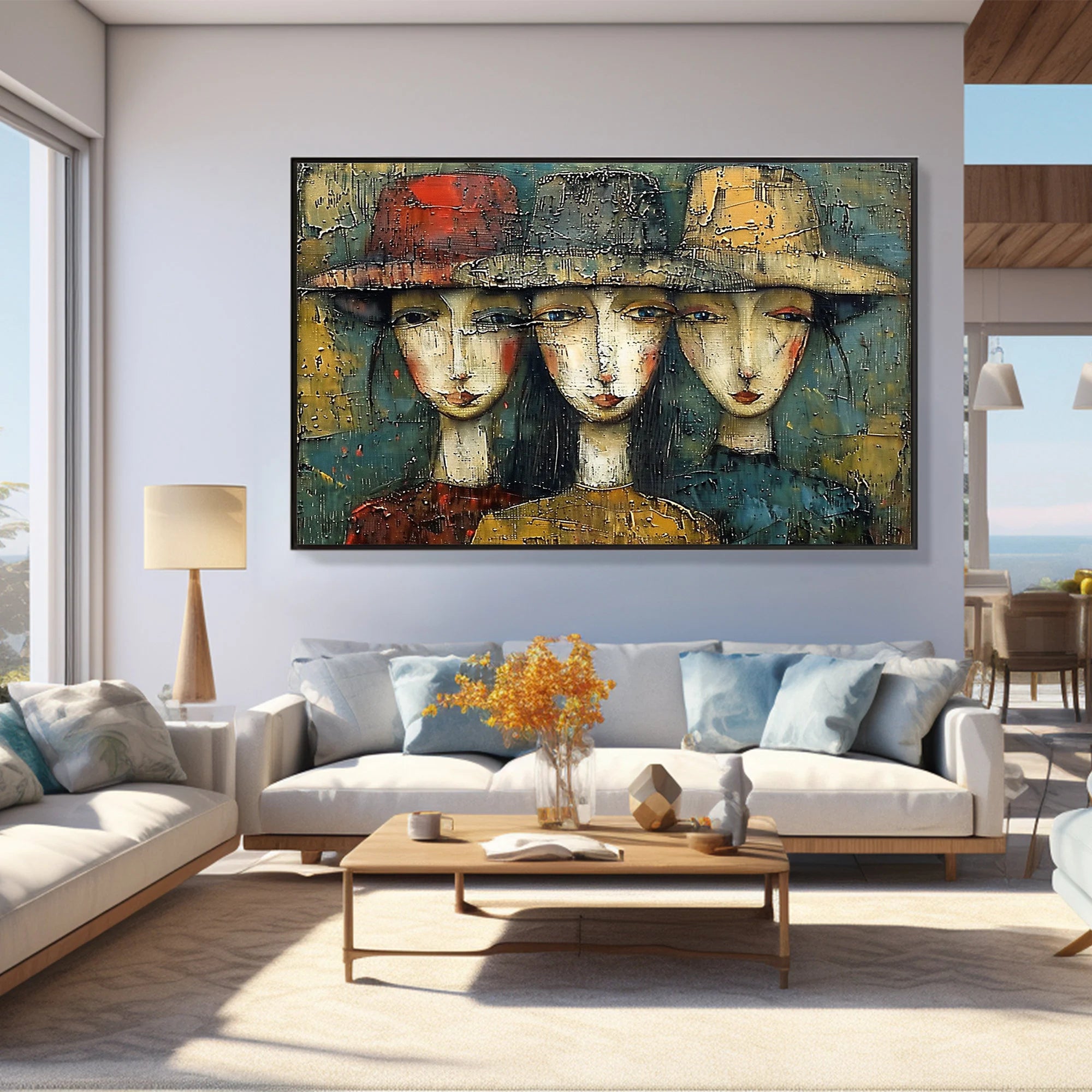 Sisterhood Chic – Hand-Painted Abstract Women with Hats Expressionist Portrait Painting | Contemporary Expressionist Living Room & Office Art