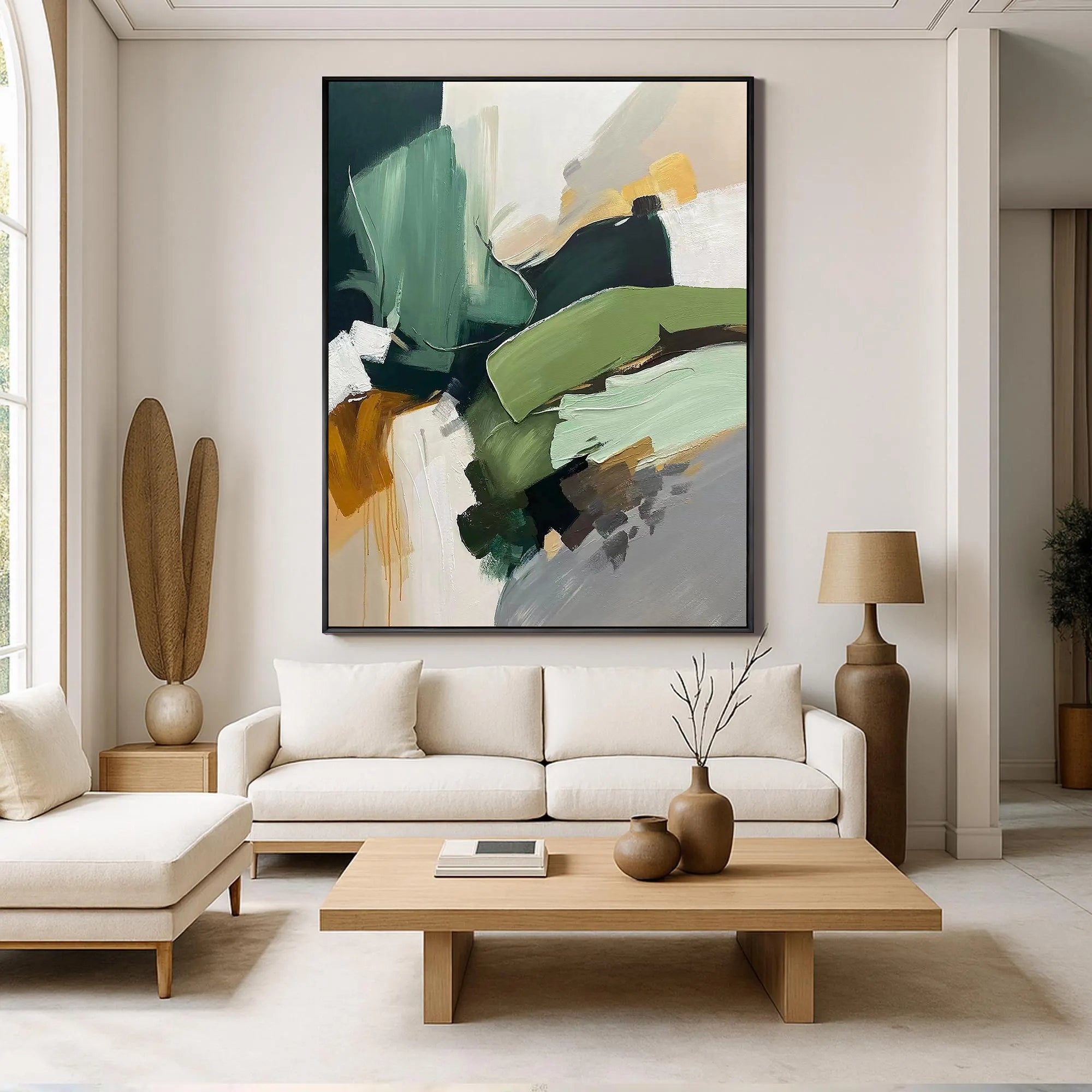 Earthen Rhythm – Hand-Painted Moss Green and Ochre Large Brushstroke Modern Texture Painting | Japandi Wabi-Sabi Living Room & Bedroom Art