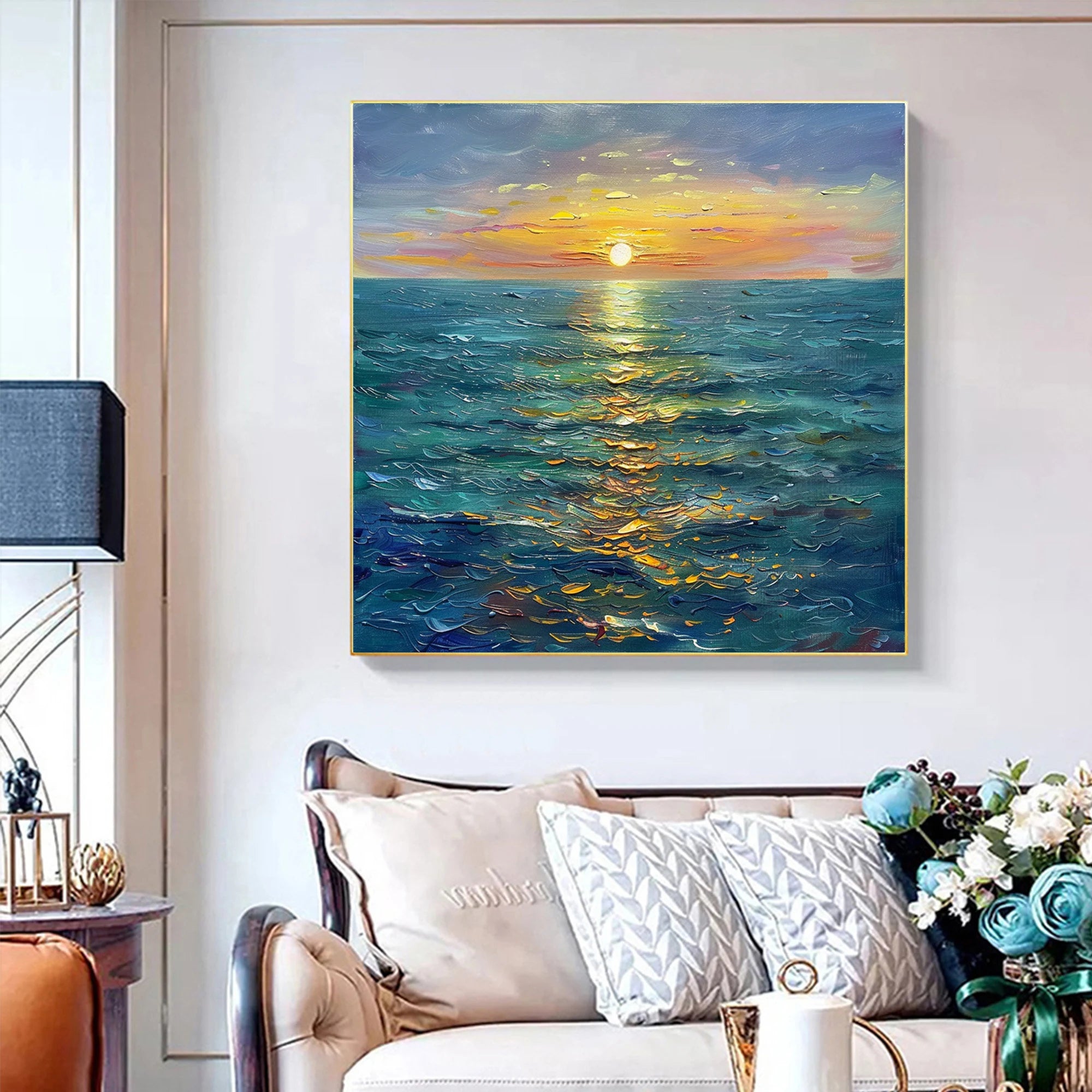 GOLDEN TIDE: Landscape Art, Hand-Painted Sunset Ocean with Glistening Gold Impasto 3D Heavy Texture Studio Art