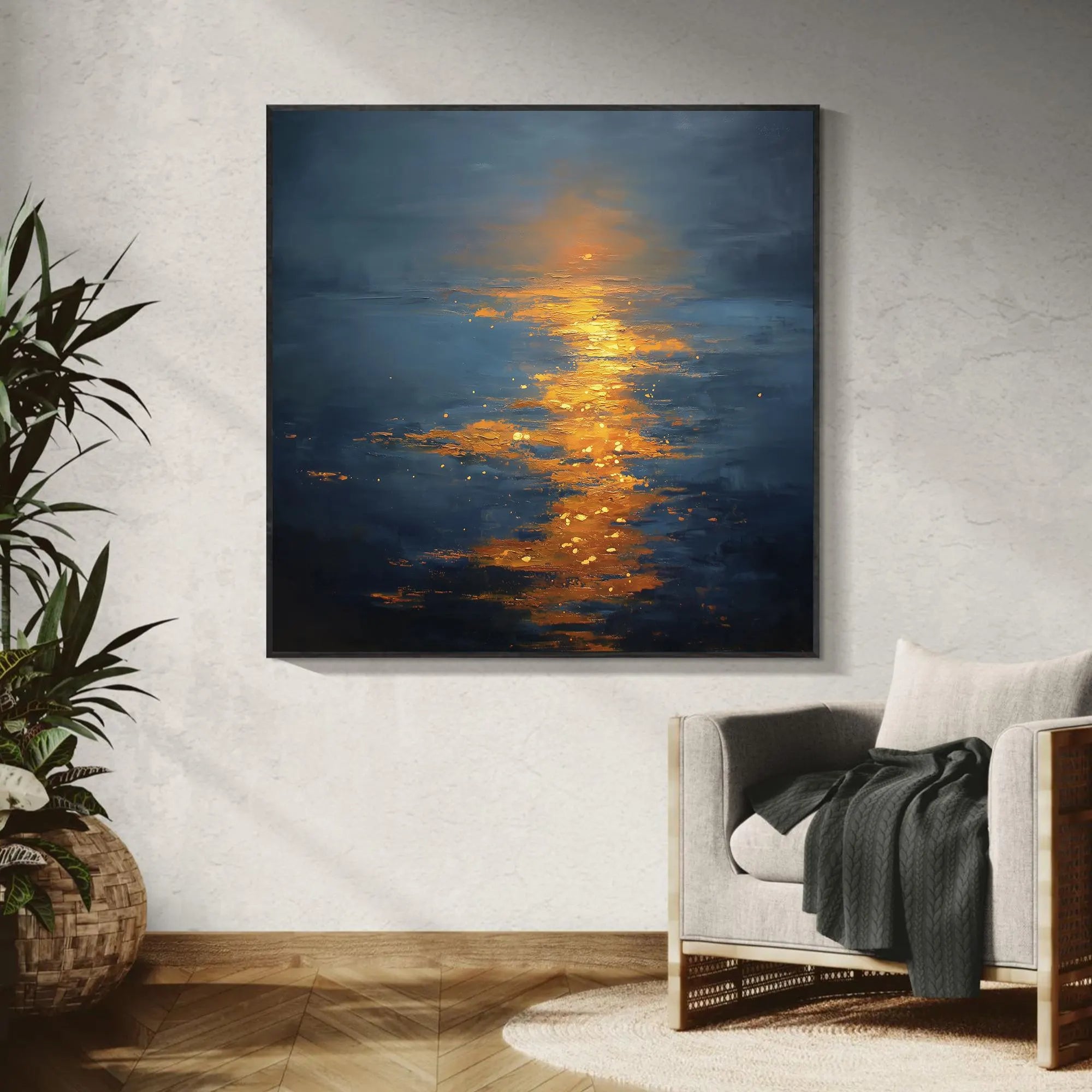 Golden Path – Deep Blue & Gold Sunset Impasto Texture Painting | Coastal Modern Living Room & Bedroom Art