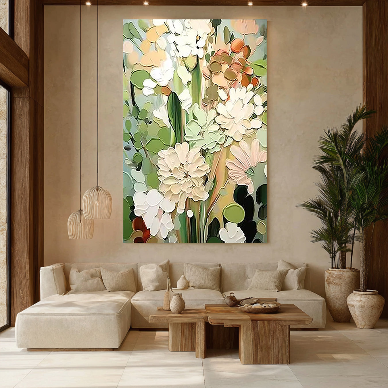 Verdant Bloom – Hand-Painted Sage Green and Cream 3D Impasto Palette Knife Floral Painting | Heavy Texture Studio Art