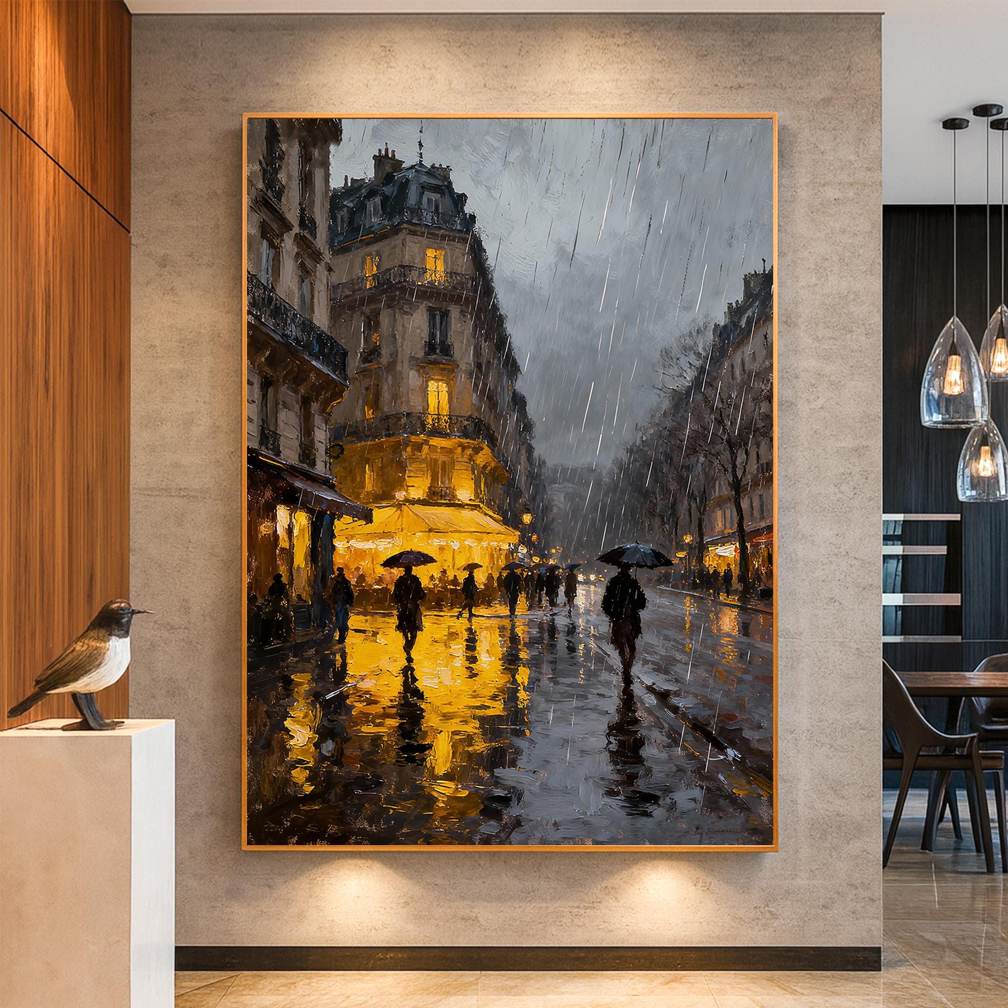 Raindrop Glow – Romantic Cityscape Oil Impressionist Painting | Contemporary Expressionist Living Room & Office Art