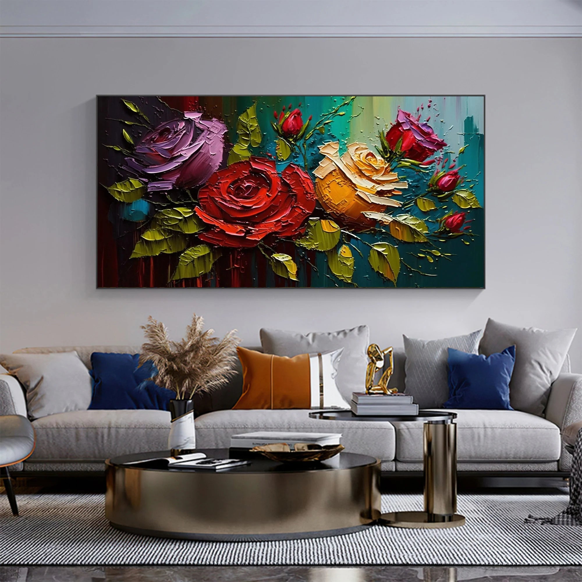 Velvet Roses – Vibrant Floral Relief Floral Painting | Vibrant Botanical Living Room & Dining Room Art
