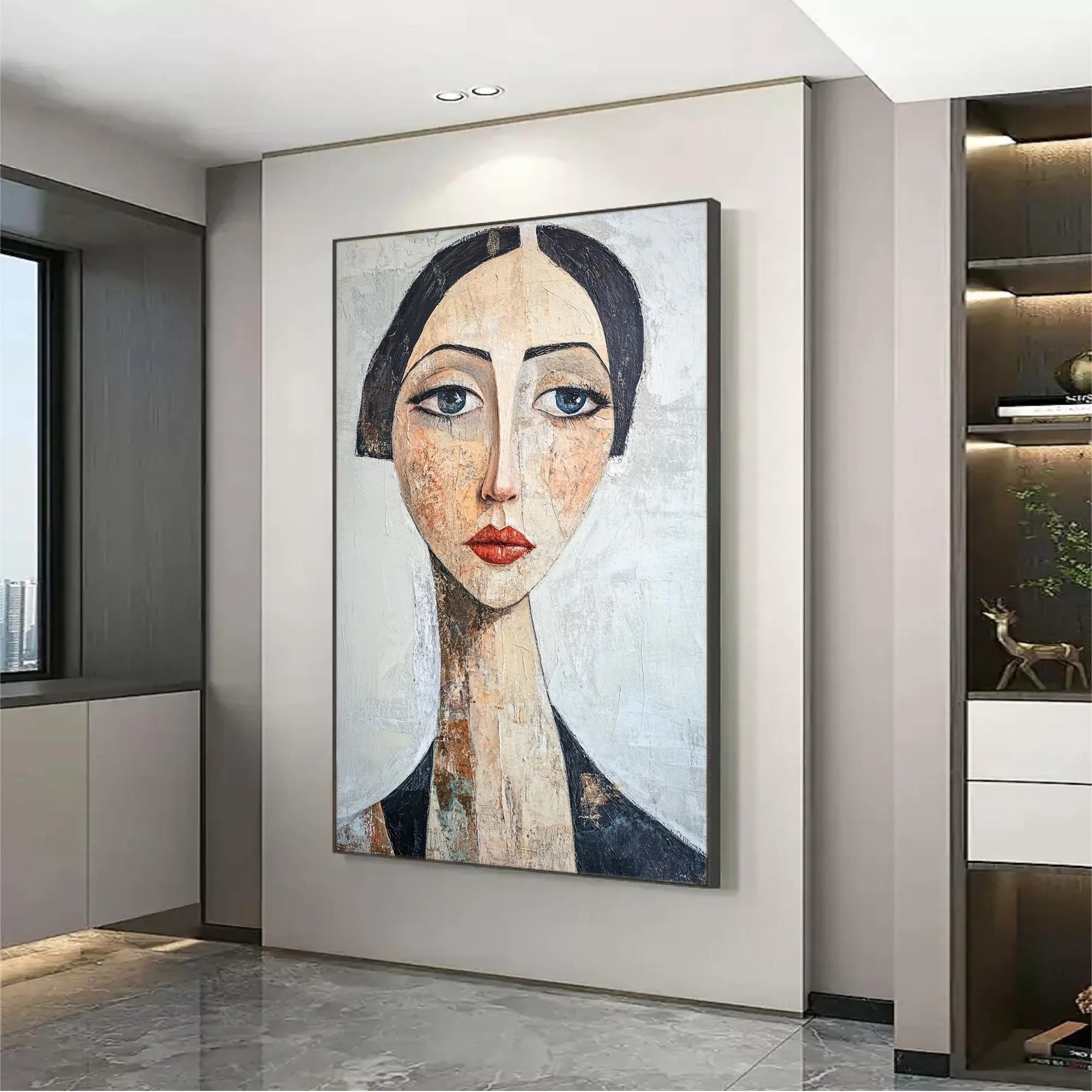 The Sapphire Gaze – Expressionist Modigliani-Style Woman Portrait Painting | Retro Minimalist Living Hallway Art