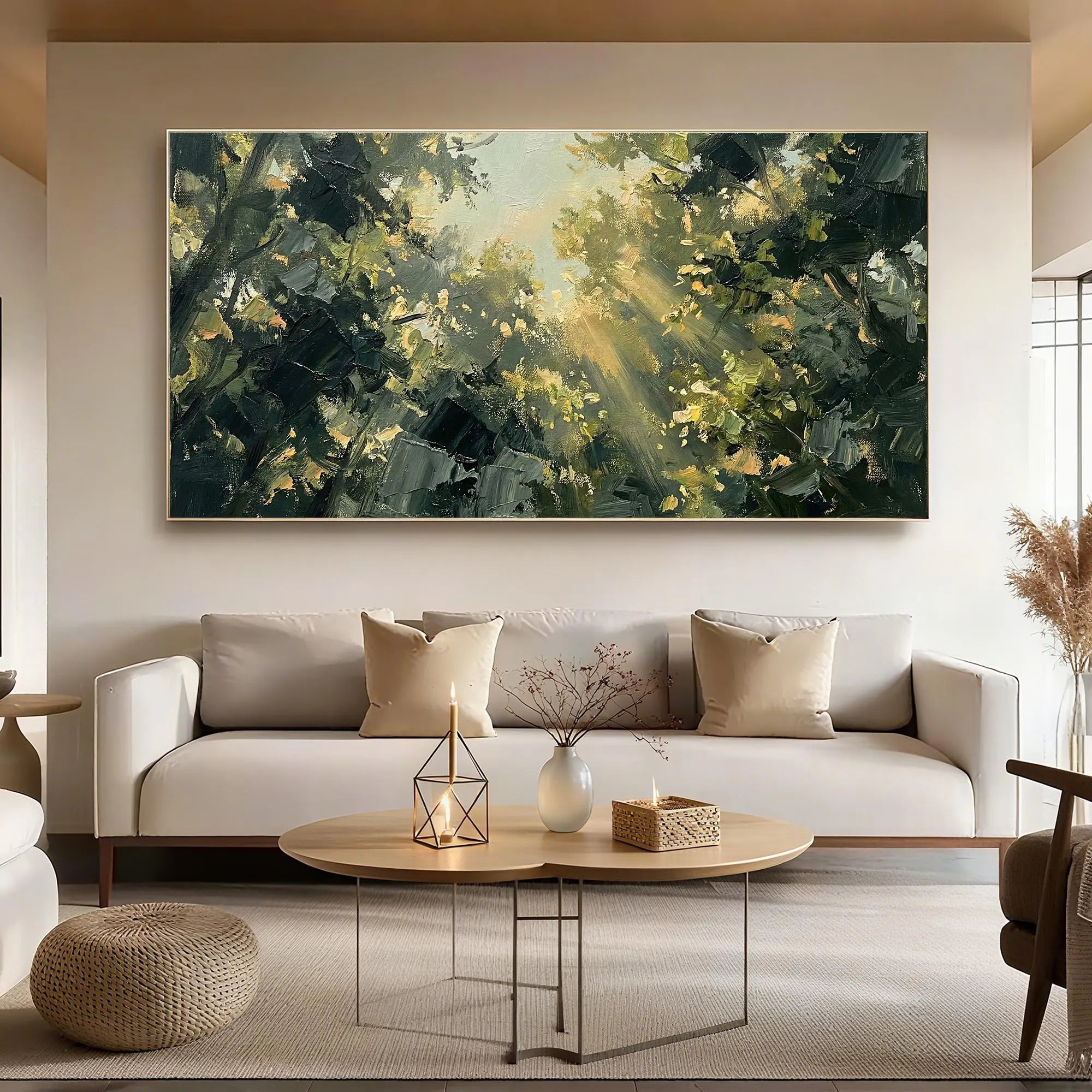 Sunlit Canopy – Hand-Painted Forest Sunlight Impressionist Palette Knife Landscape Painting | Contemporary Landscape Living Room & Dining Room Art