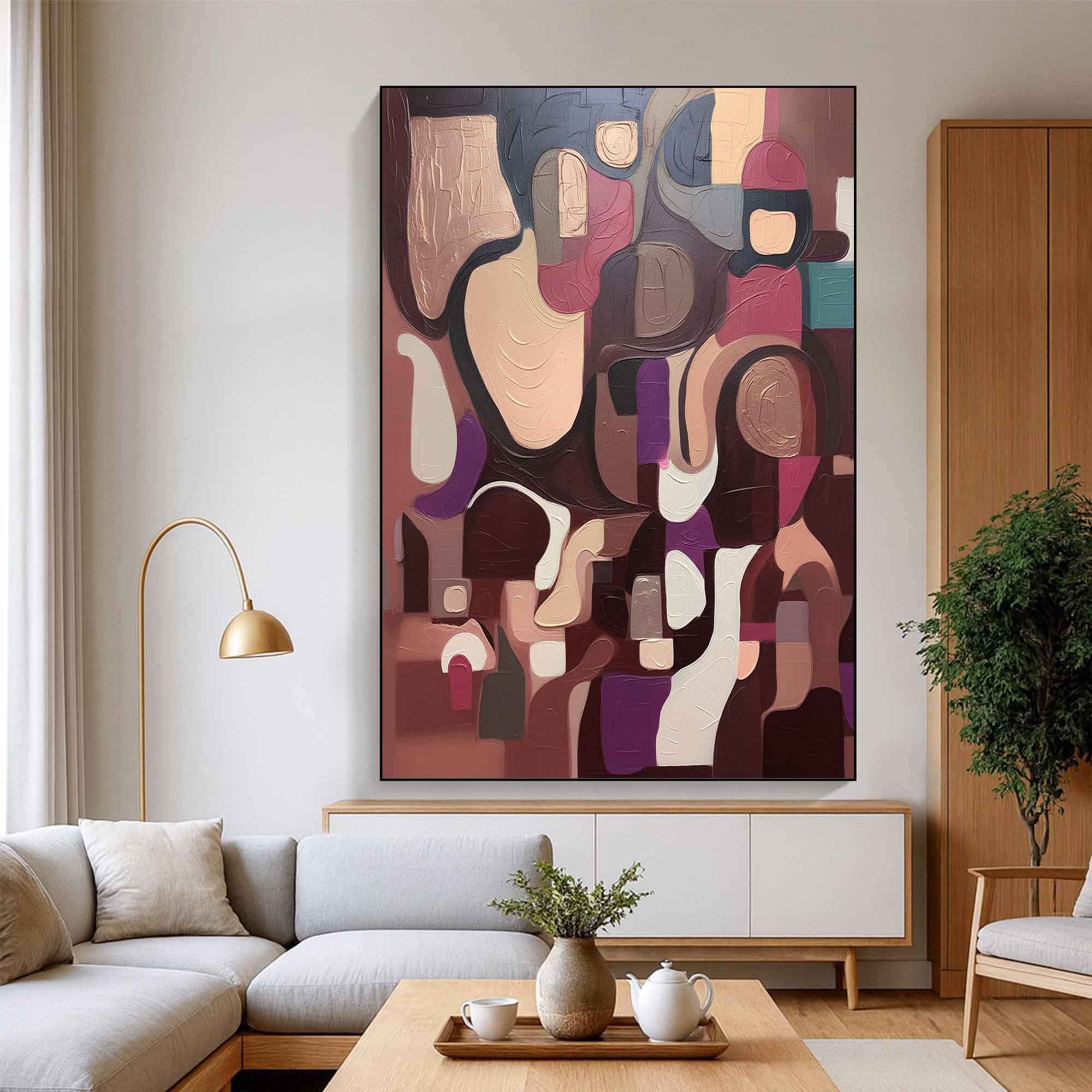 Mauve Mosaic – Hand-Painted Burgundy and Mauve Geometric Cubist Abstract Painting | Modern Abstract Living Room & Office Art