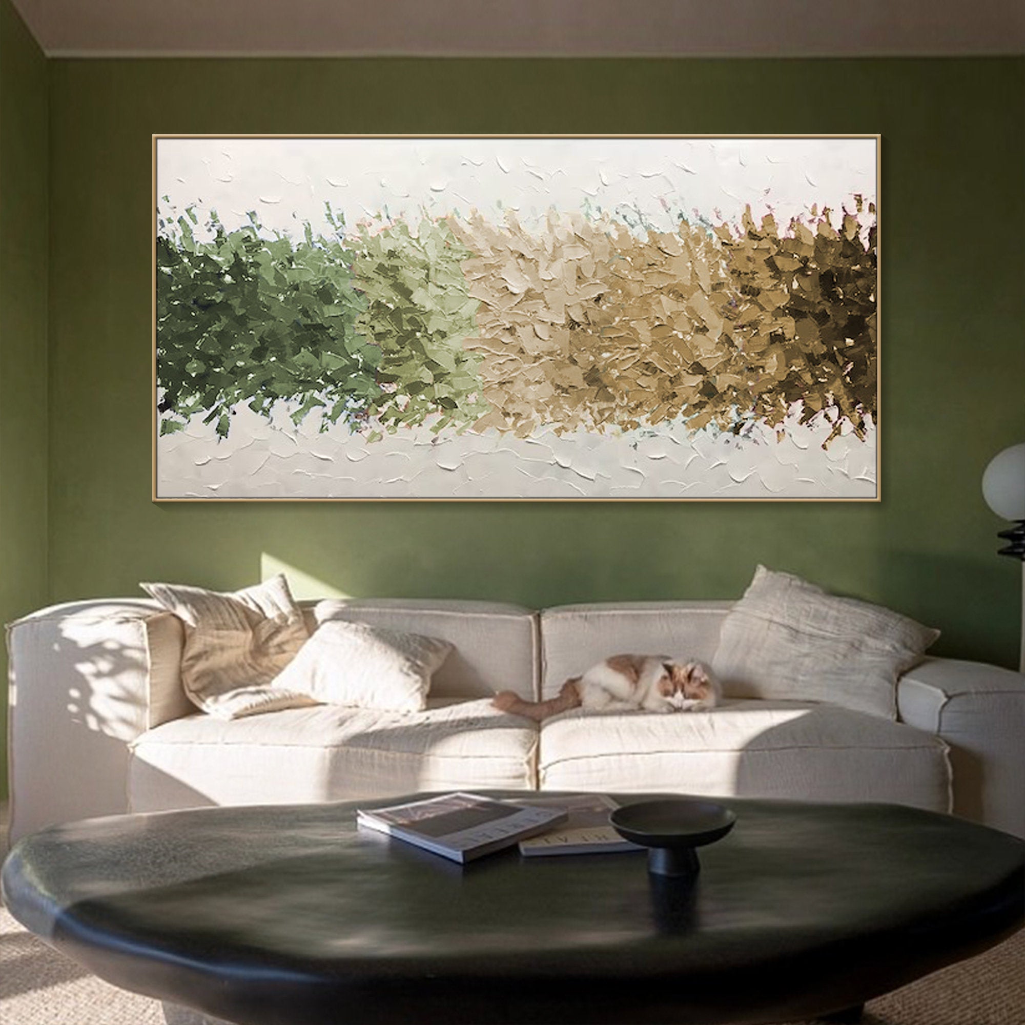 STRATA GRADIENT: Texture Wall Art, Hand-Painted Horizontal Sage Green to Earthy Brown 3D Impasto Heavy Texture Studio Art