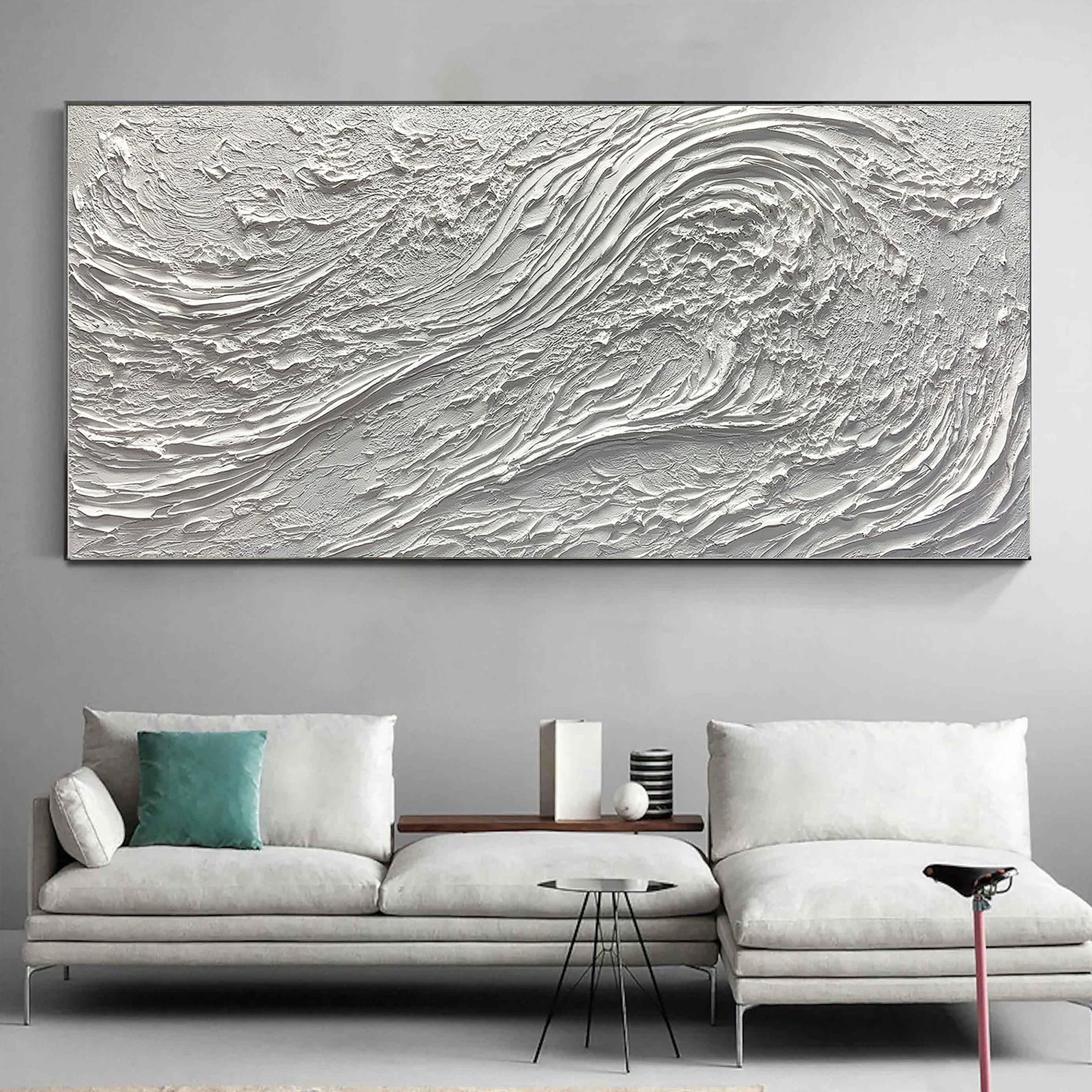 OCEAN CREST: Panoramic 3D Heavy Texture Wall Art, White Plaster Wave Relief Painting