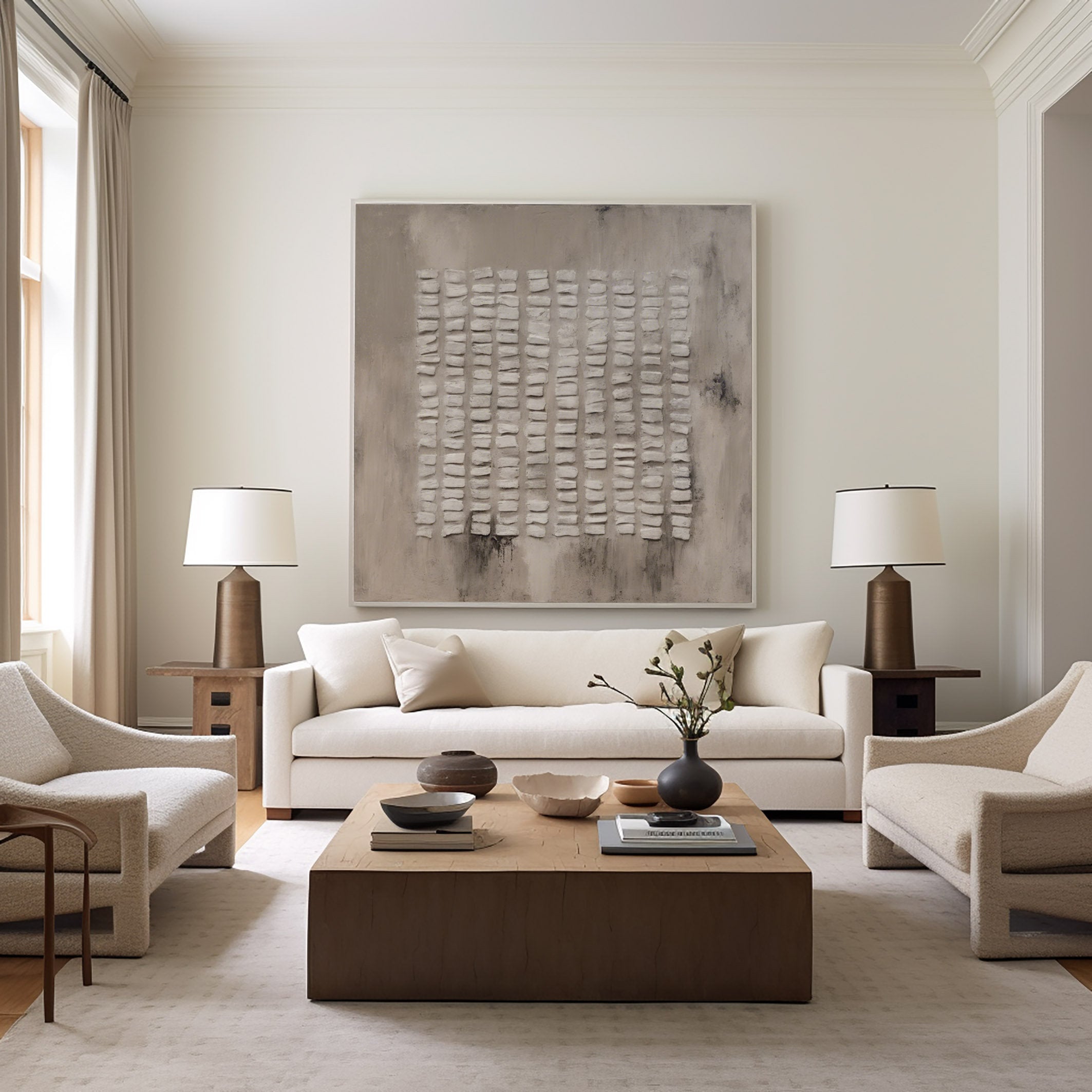 ZEN RHYTHM: Wabi-Sabi Wall Art, Hand-Painted Neutral Beige Repetitive Plaster Block Textured Studio Art