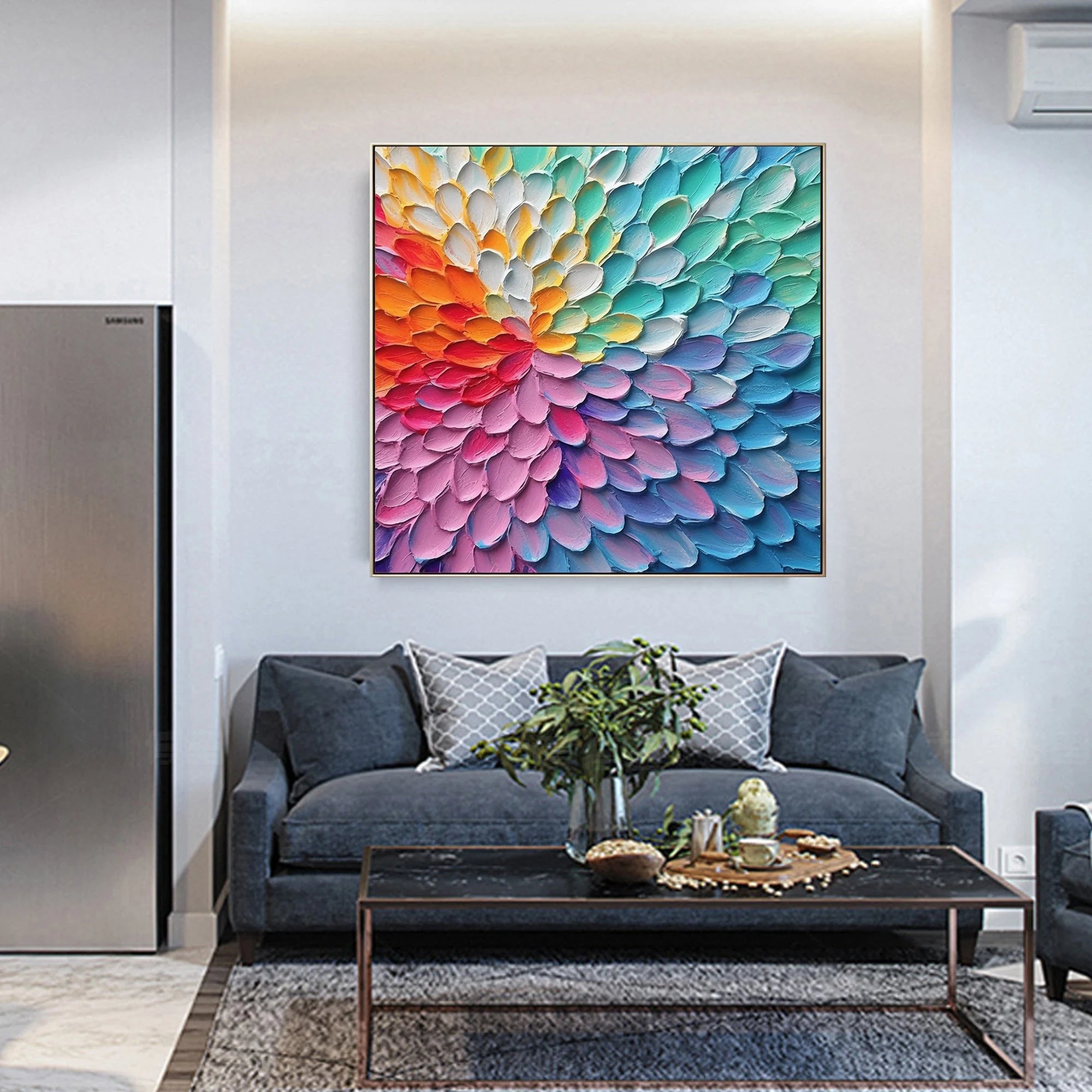 RAINBOW VORTEX: Modern Square 3D Heavy Texture Floral Wall Art, Vibrant Petal Relief Canvas