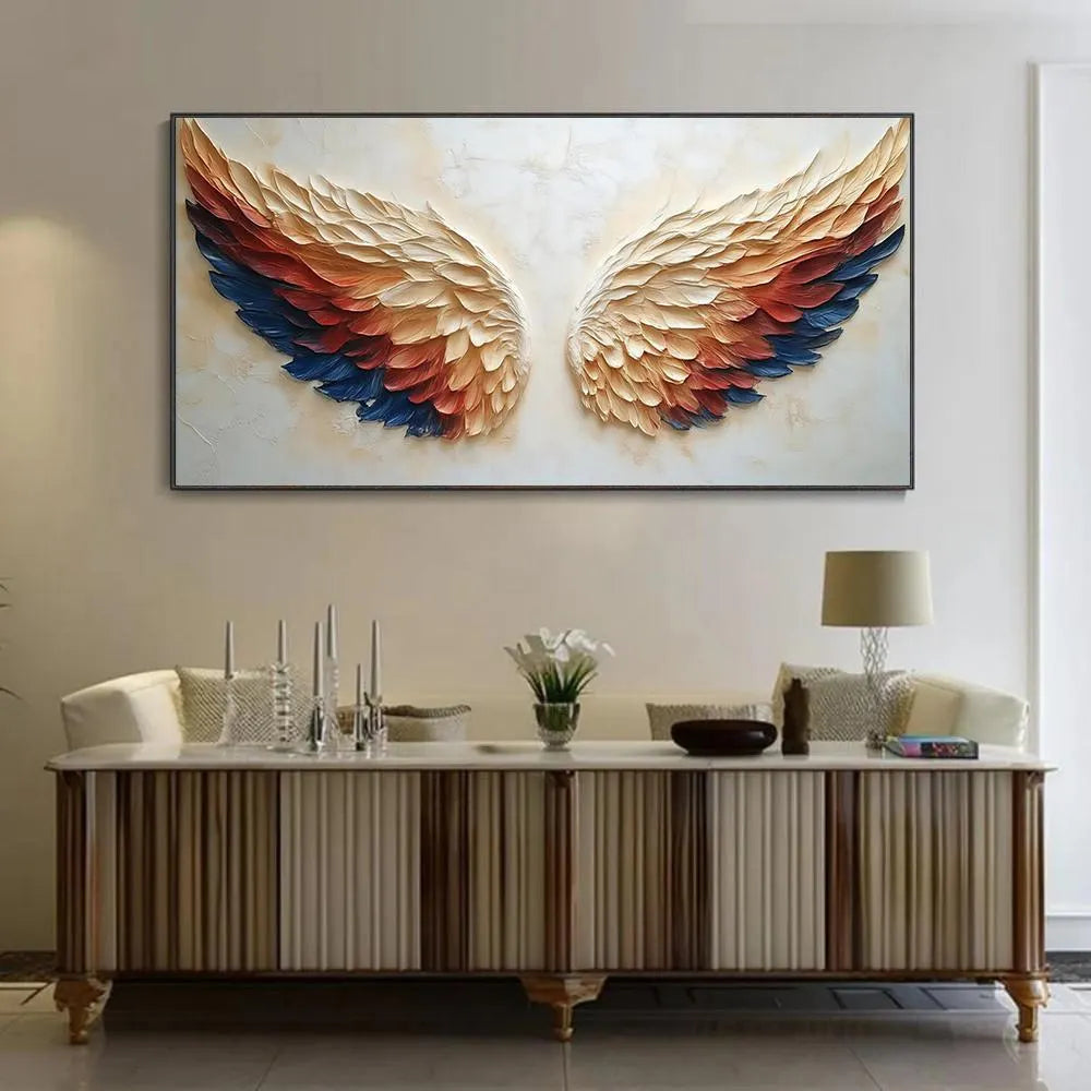 CELESTIAL WINGS: Texture Wall Art, Hand-Painted Navy Blue and Terracotta Angel Wings 3D Relief Plaster Studio Art