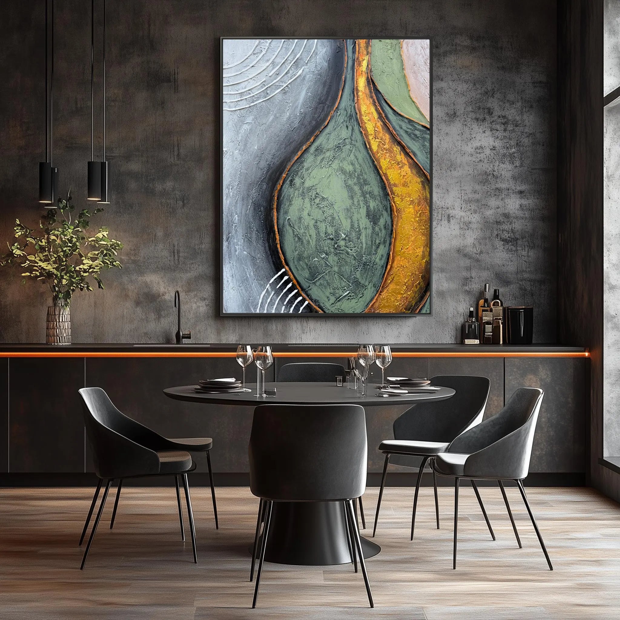Organic Curve – Hand-Painted Sage Green and Gold Foil Palette Knife Abstract Painting | Modern Abstract Living Room & Office Art