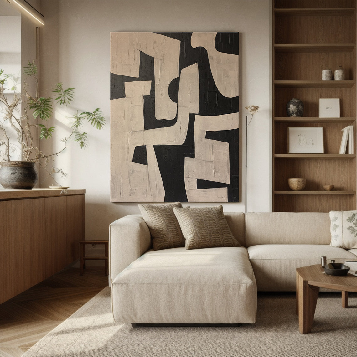 Urban Monolith – Hand-Painted Black and Tan Geometric Shapes Wabi-Sabi Painting | Japandi Wabi-Sabi Living Room & Bedroom Art