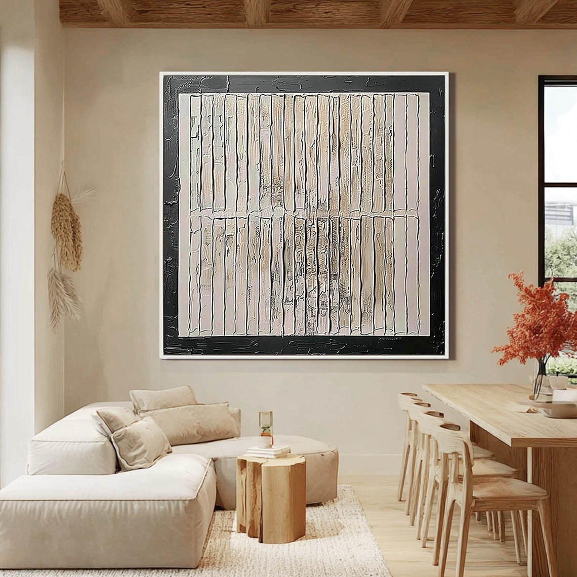 Structural Grid – Hand-Painted Black Framed Plaster Relief Wabi-Sabi Painting | Japandi Wabi-Sabi Living Room & Bedroom Art