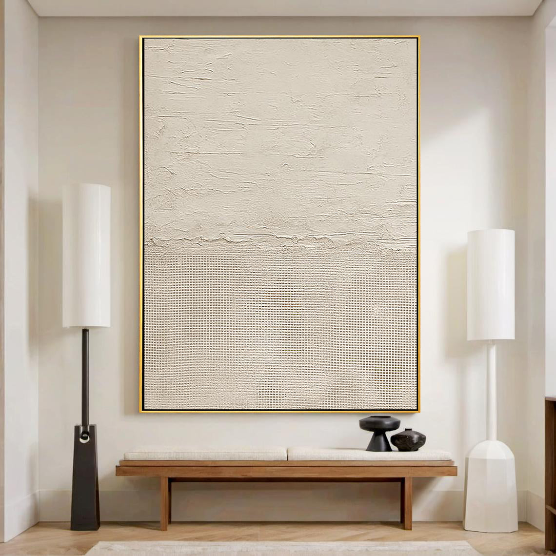Creamy Horizon – Hand-Painted Minimalist Beige Two-Tone Plaster Effect Wabi-Sabi Painting | Japandi Organic Wabi-Sabi Living Room & Hallway Art