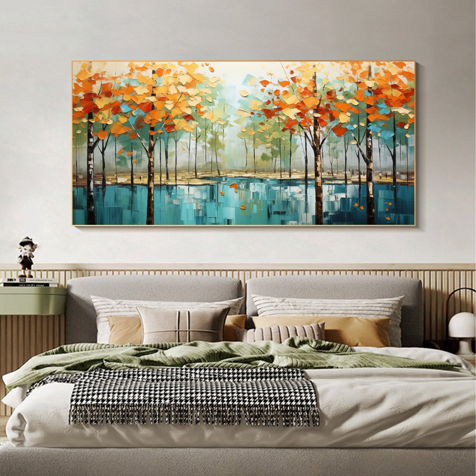 Autumn Reflection – Hand-Painted Orange and Teal Birch Forest Floral Painting | Contemporary Botanical Bedroom & Living Room Art