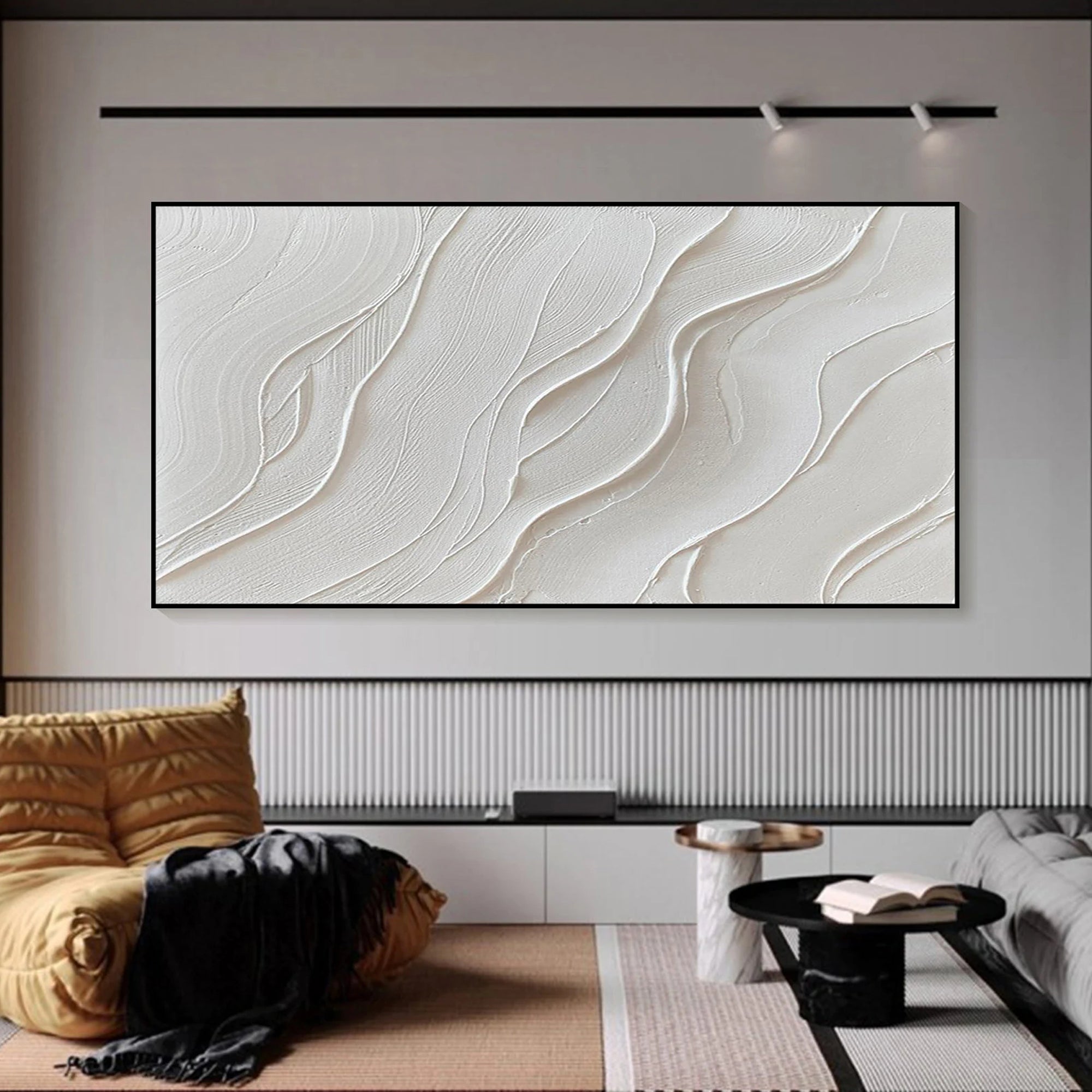 ZEN RIPPLE: Minimalist Wall Art, Hand-Painted Horizontal Neutral Beige Fluid Plaster Lines 3D Textured Gallery Art