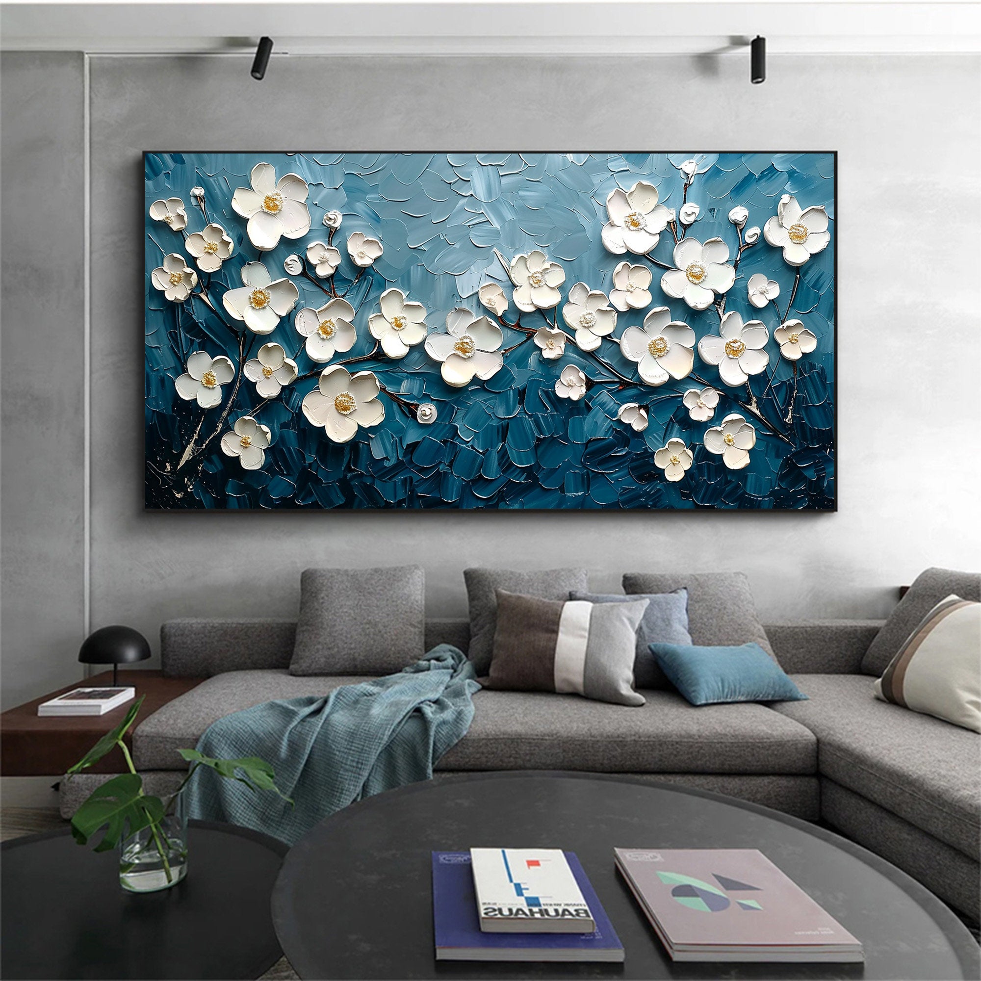 Midnight Blossom – Hand-Painted Prussian Blue and White 3D Relief Plaster Effect Floral Painting | Contemporary Botanical Bedroom & Living Room Art