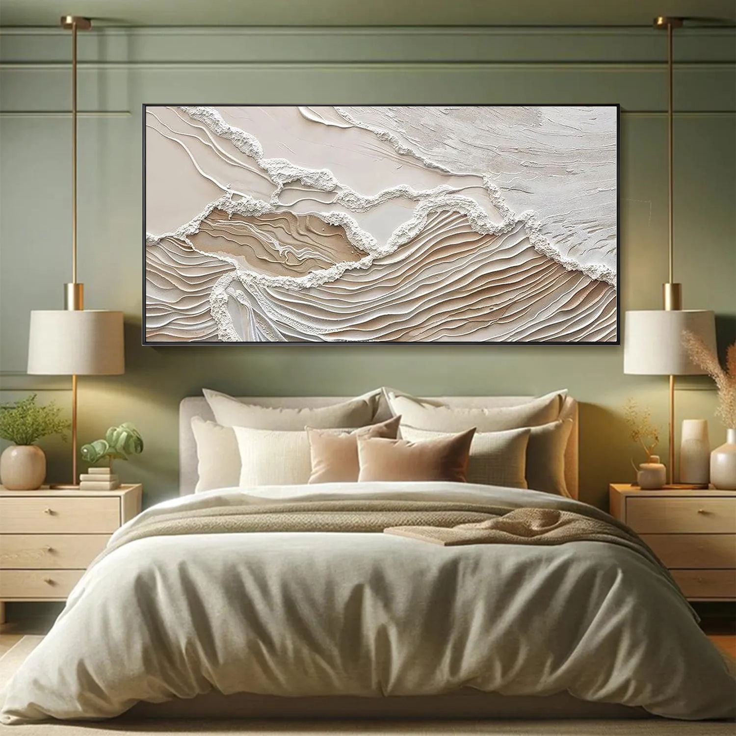 Earthen Strata – Hand-Painted Oatmeal and Tan Linear Plaster Relief Texture Painting | Japandi Organic Wabi-Sabi Living Room & Hallway Art