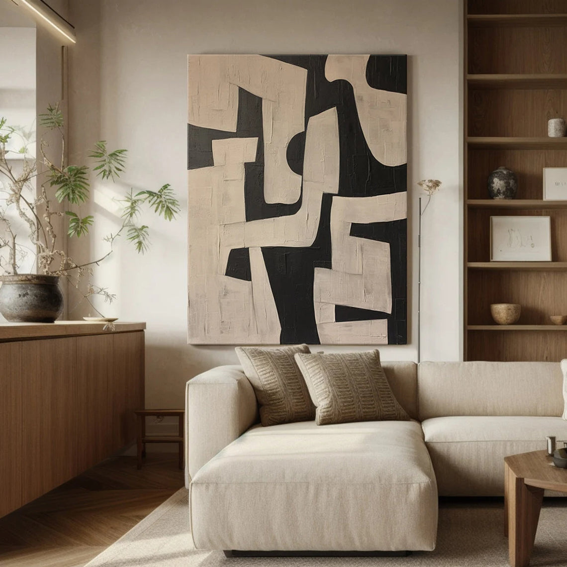Earthen Relic – Hand-Painted Distressed Beige and Black Wabi-Sabi Painting | Japandi Organic Wabi-Sabi Living Room & Hallway Art