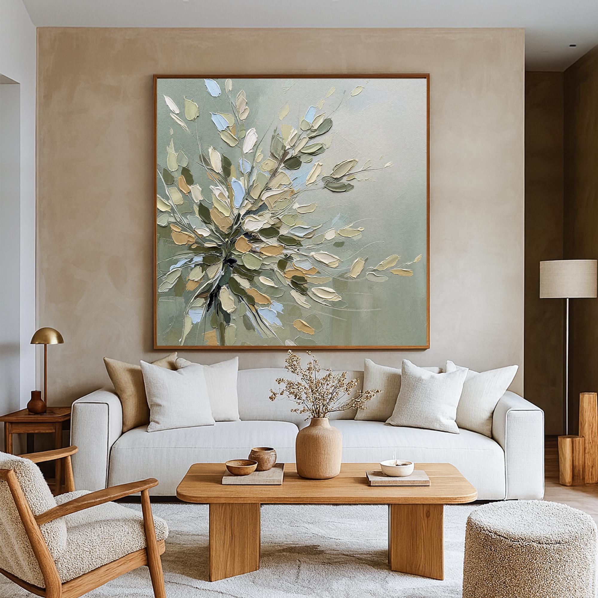 Sage Petals – Hand-Painted Sage Green 3D Impasto Blossom Floral Painting | Tropical Botanical Bedroom & Dining Room Art