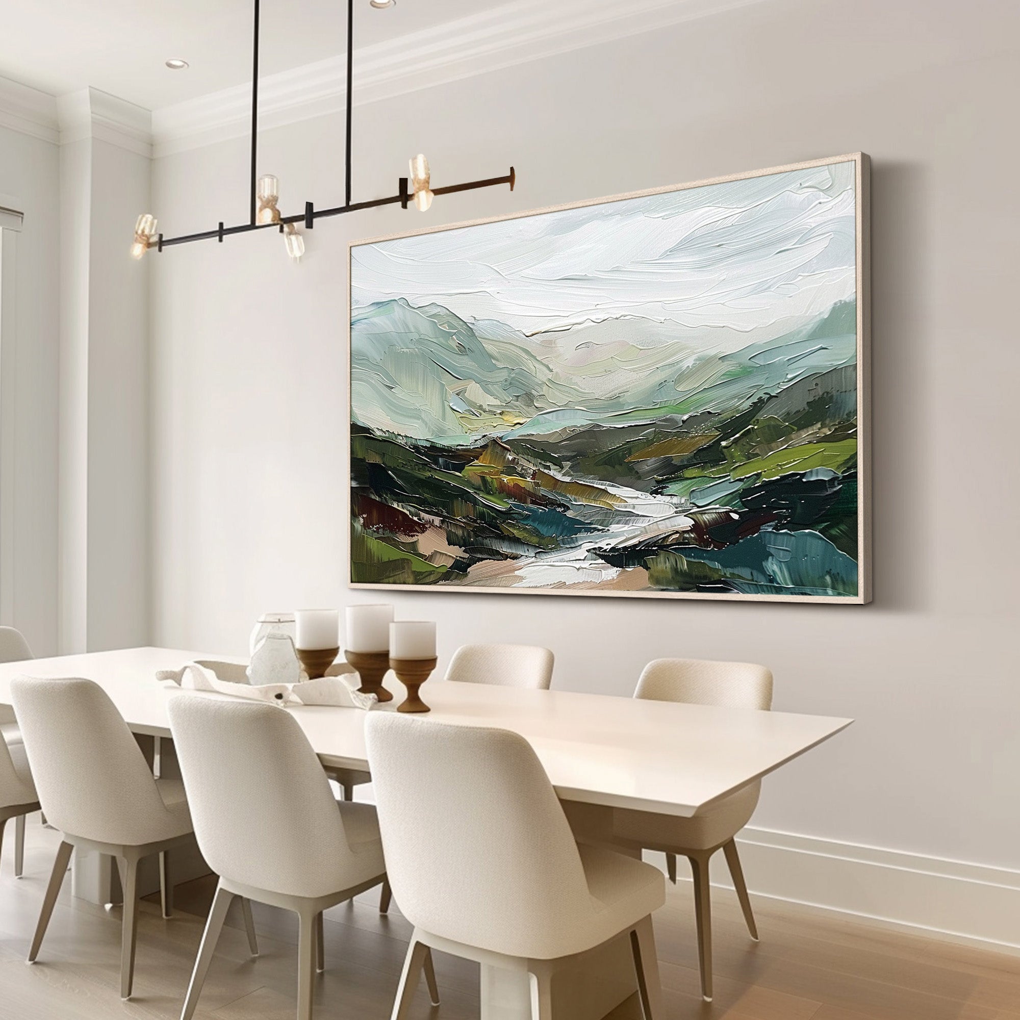 Emerald Valley – Hand-Painted Green Mountain and River Valley Palette Knife Oil Landscape Painting | Contemporary Mountain Living Room & Home Office Art