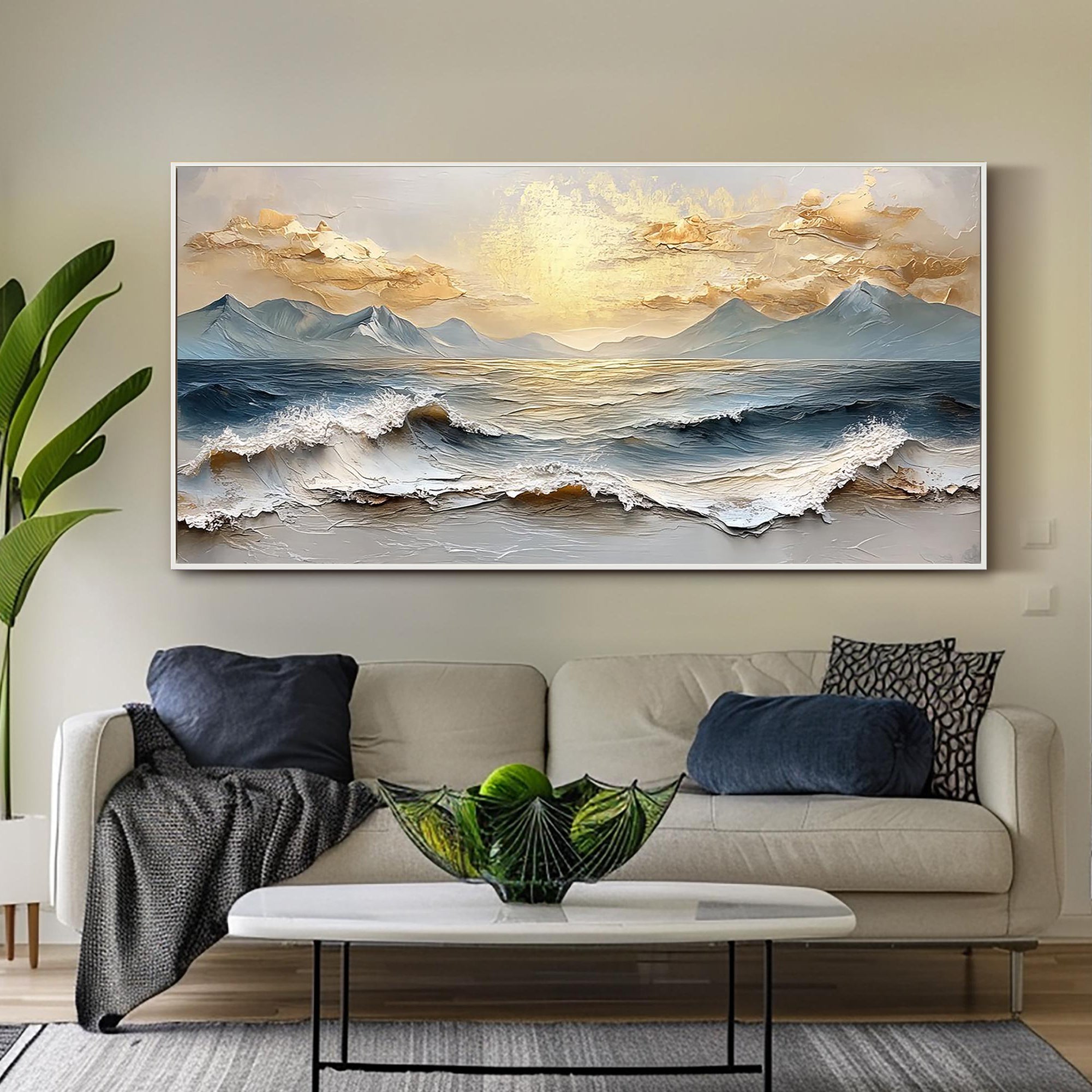 Aurum Tide – Hand-Painted Golden Sunset Mountain Ocean Wave Palette Knife Oil Seascape Painting | Contemporary Mountain Living Room & Home Office Art