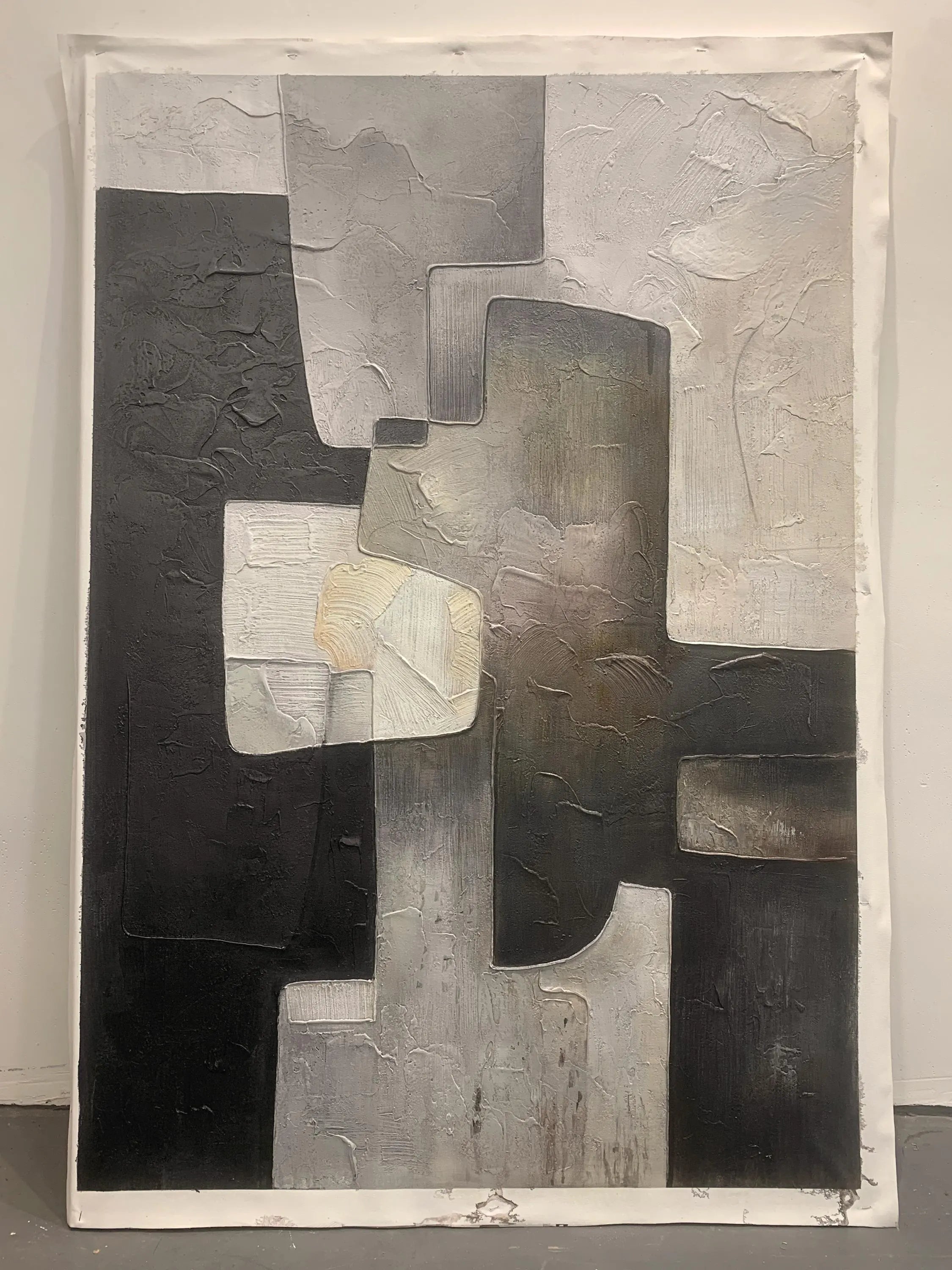 URBAN MATRIX: Bold Architectural Abstract, Heavy Texture Black & Stone Grey Painting