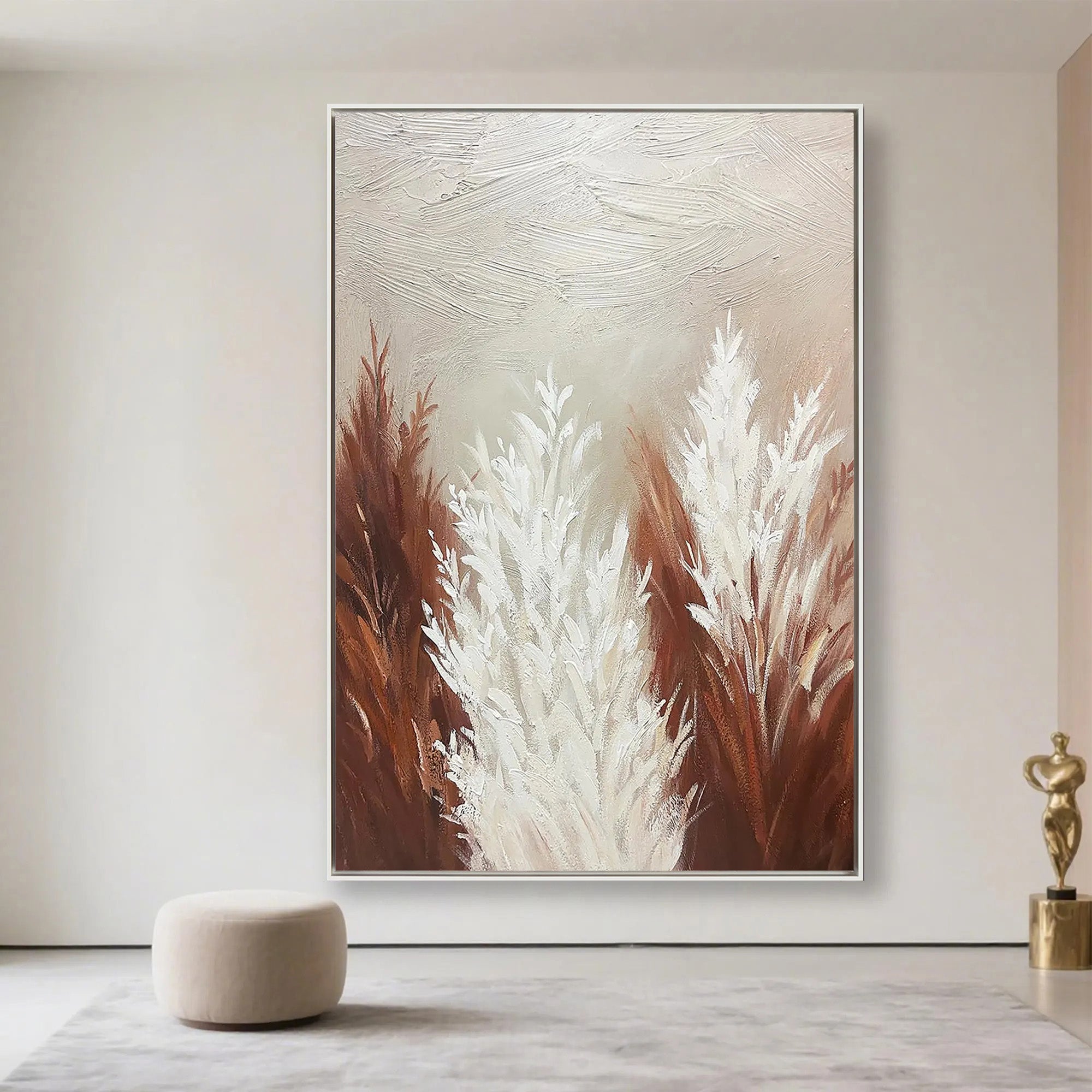 Pampas Whisper – Hand-Painted Minimalist Pampas Grass 3D Plaster Effect Floral Painting | Contemporary Botanical Bedroom & Living Room Art