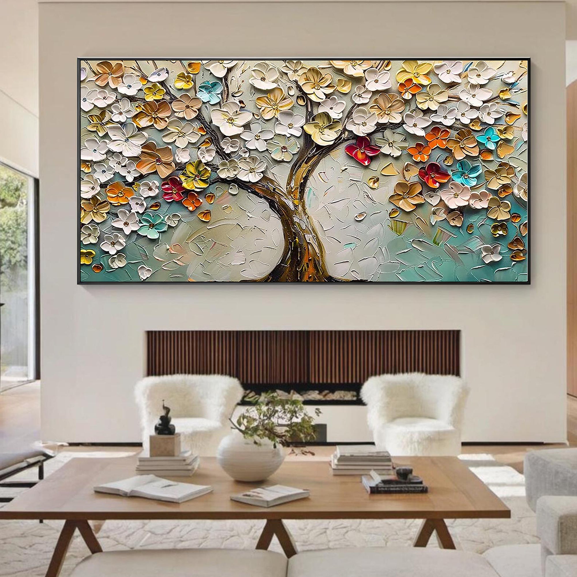 Blossom Symphony – Vibrant Floral Relief Texture Painting | Vibrant Botanical Living Room & Dining Room Art
