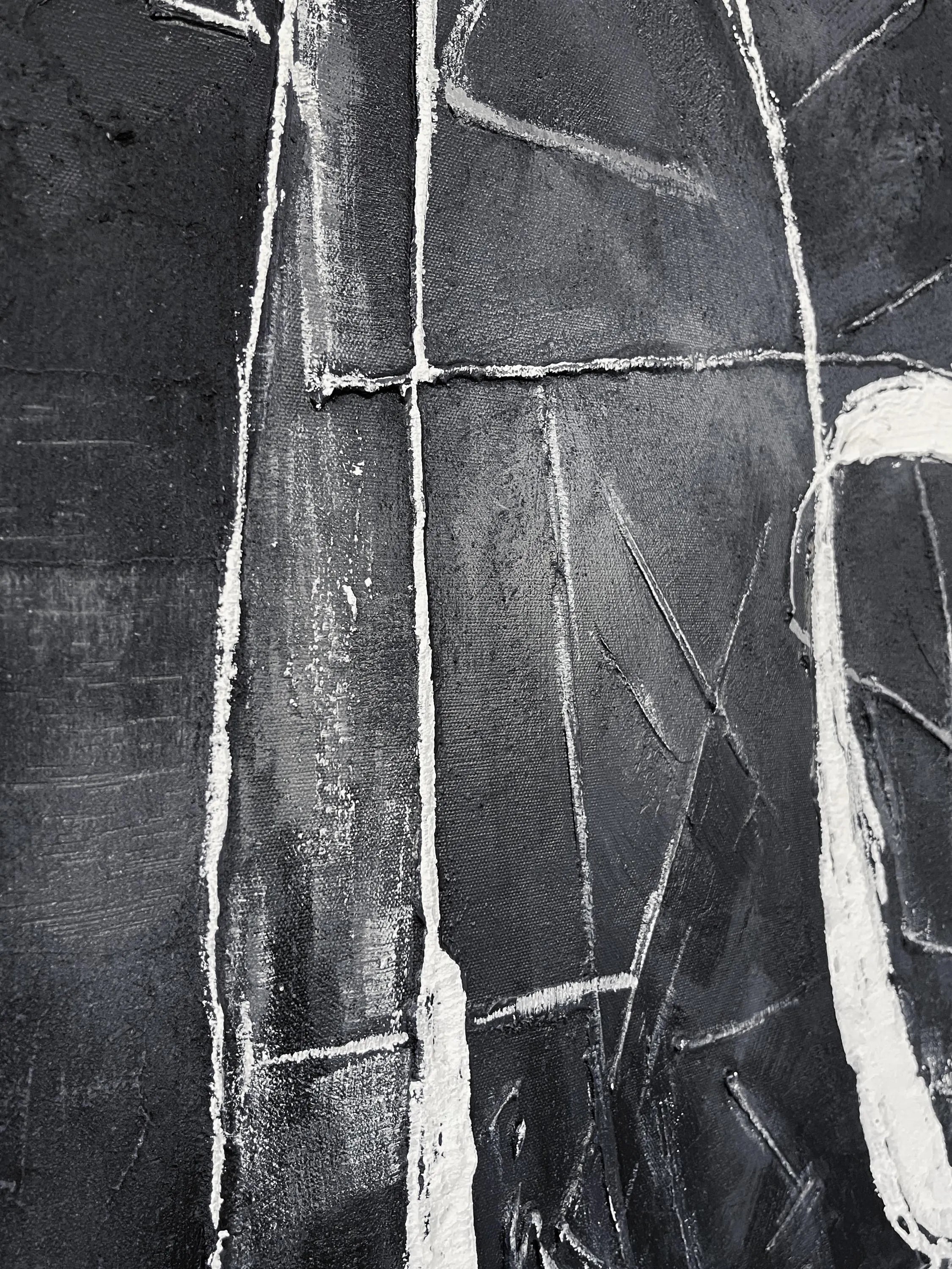 DARK LINEAGE: Minimalist Wall Art, Hand-Painted Black and White Abstract Line 3D Textured Studio Art