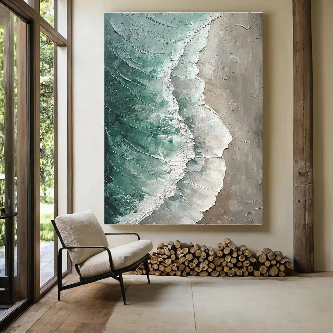 Ethereal Tide – Modern Textured Painting | Creative Wabi-Sabi Teal Ocean Wave Entryway Art