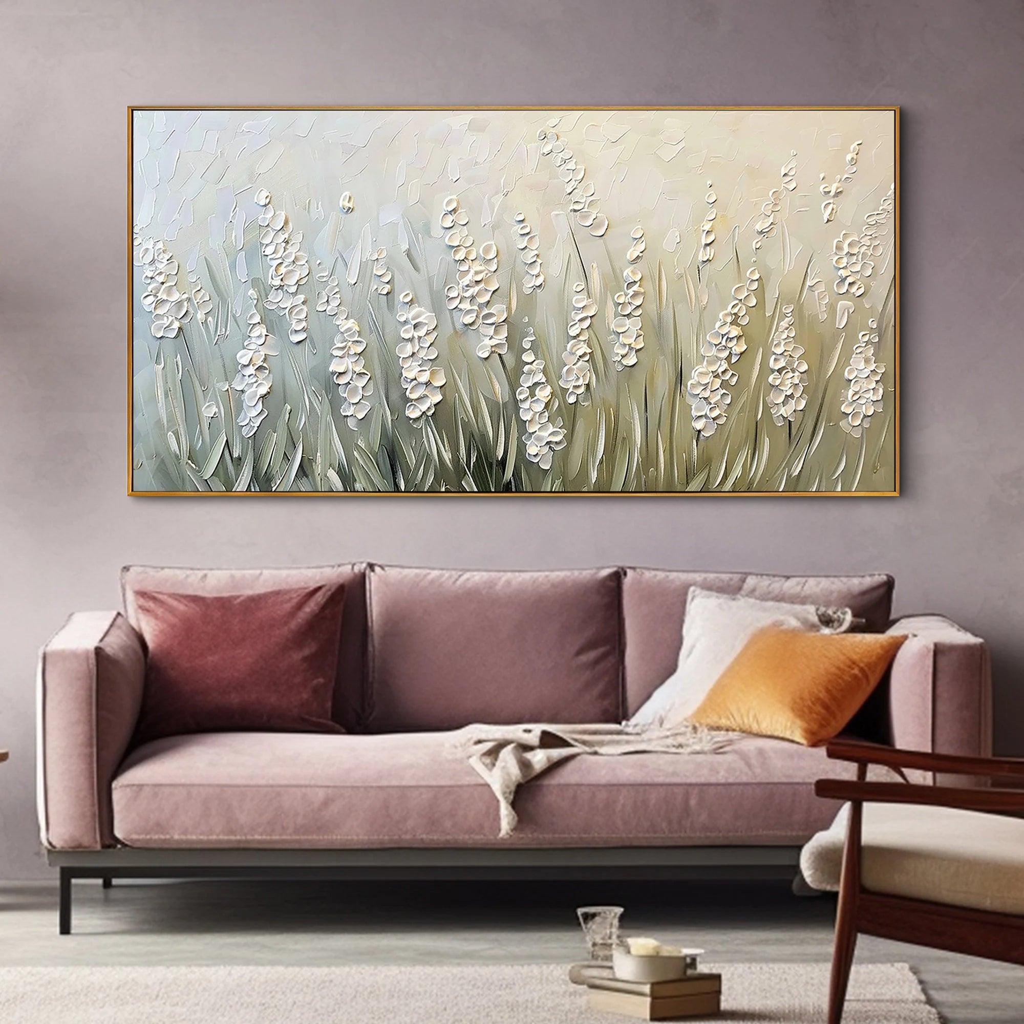 Wild Lavender – Hand-Painted Sage Green 3D Impasto Heavy Texture Plaster Floral Painting | Tropical Botanical Bedroom & Dining Room Art