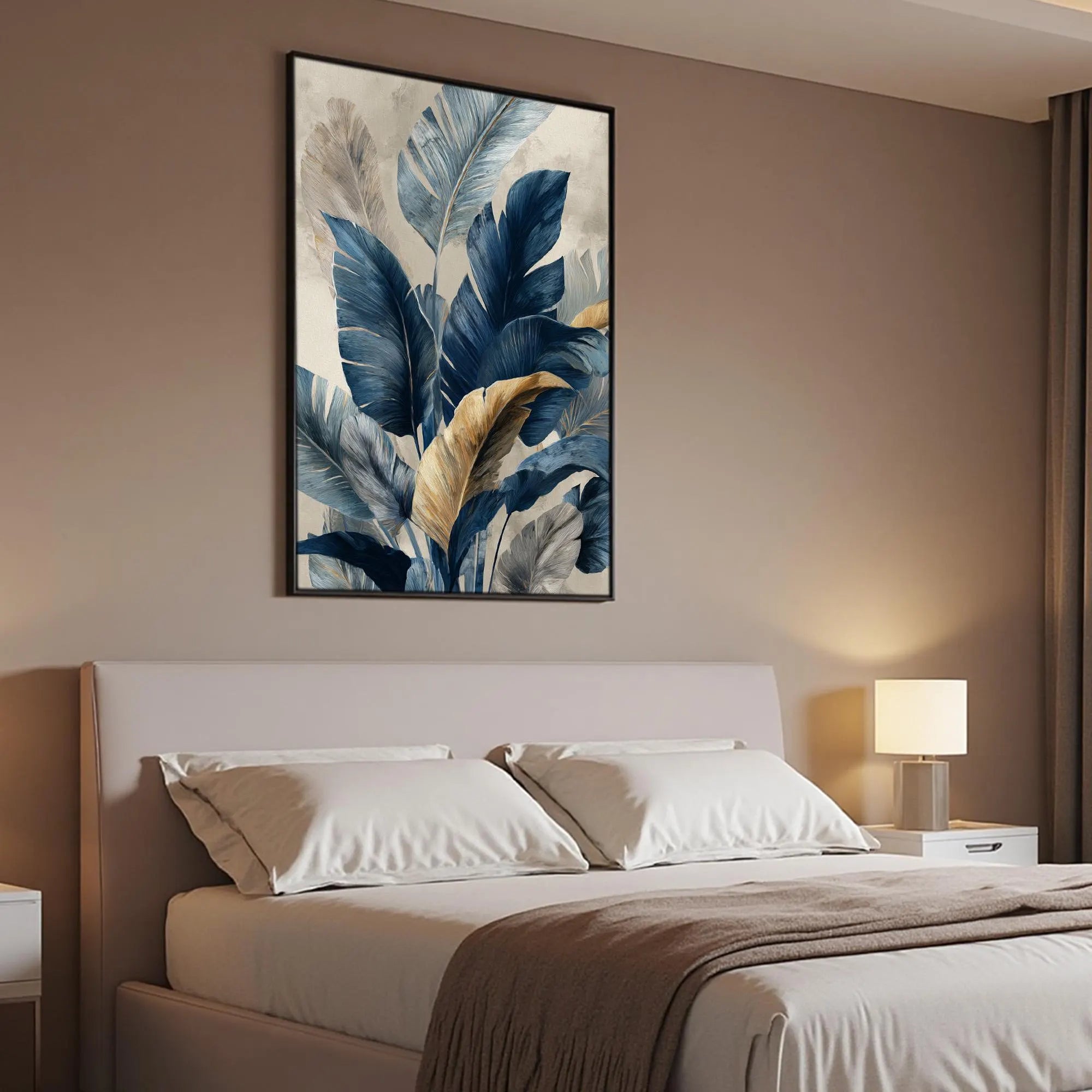 Midnight Jungle – Hand-Painted Navy Blue and Gold Foil Banana Leaf Floral Painting | Modern Luxury Botanical Bedroom & Living Room Art