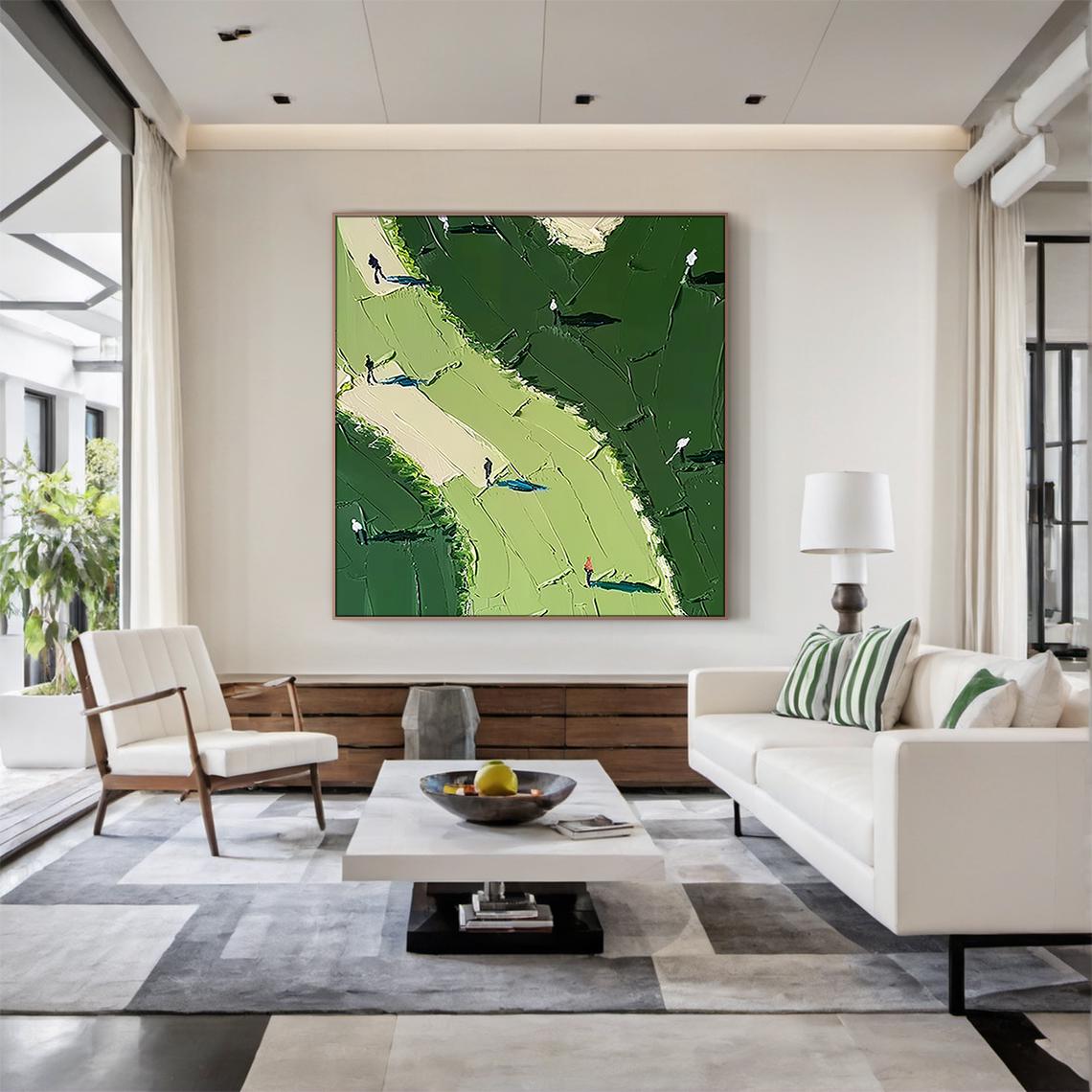 Deep Fairway – Hand-Painted Forest Green 3D Heavy Texture Golf Course Athletes Sport Painting | Contemporary Landscape Living Room & Dining Room Art