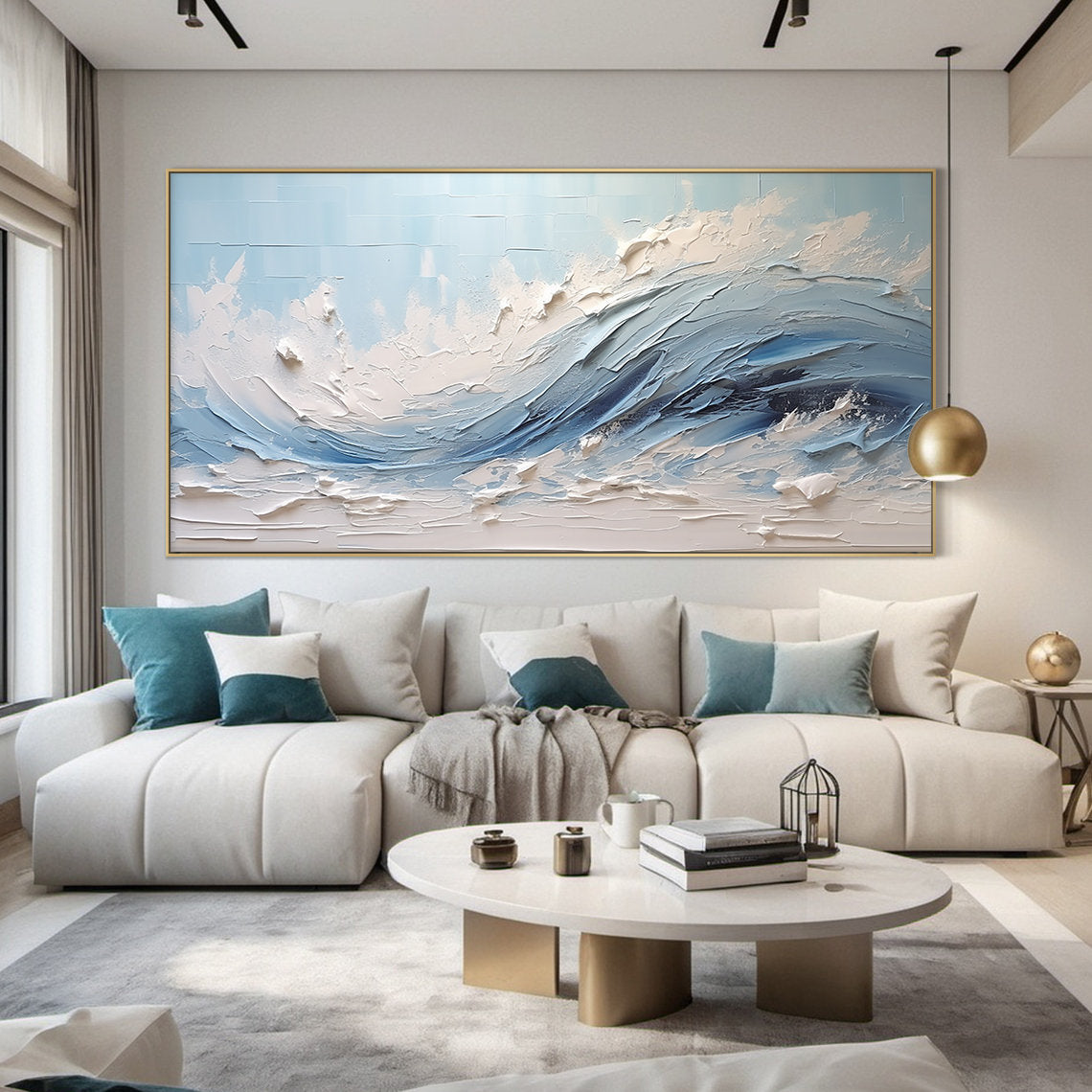 Sky Tide – Hand-Painted Sky Blue Ocean Wave Plaster Relief Seascape Painting | Coastal Modern Living Room & Bedroom Art