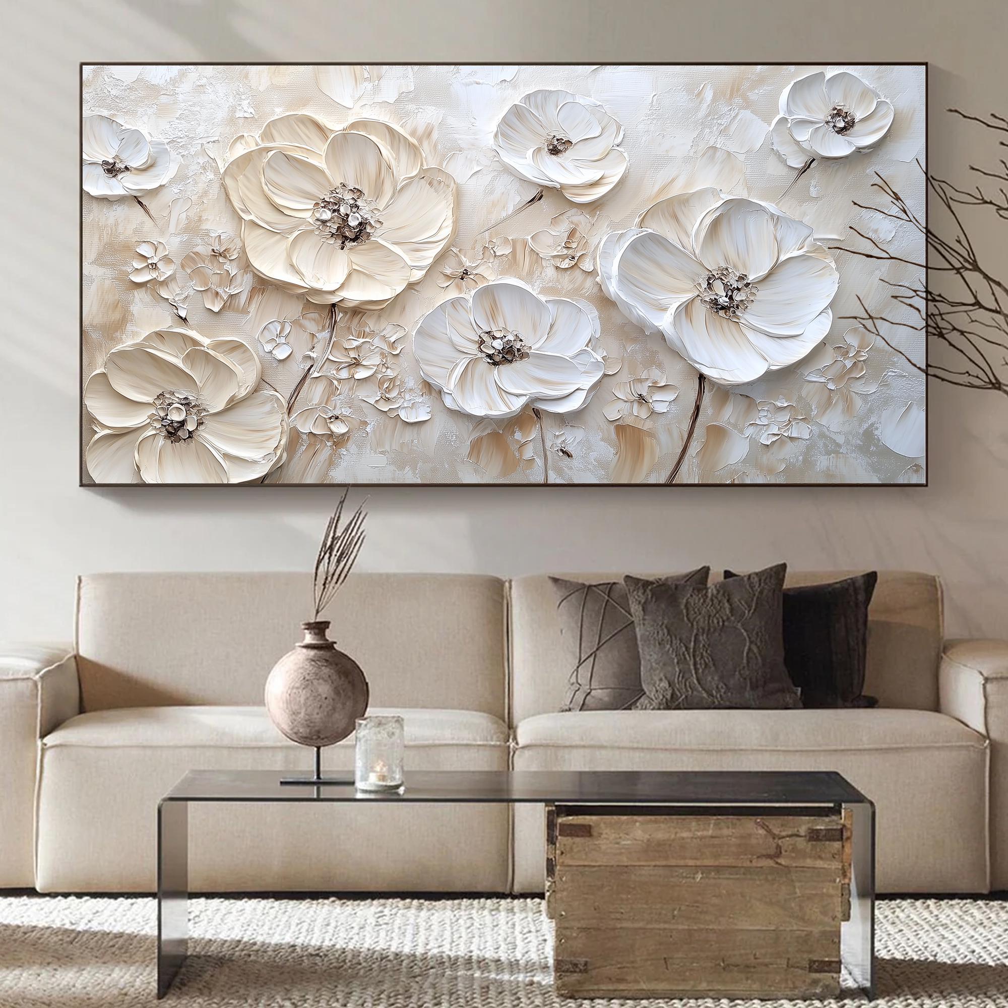 Ivory Bloom – Hand-Painted Creamy Beige Floral Plaster Relief Floral Painting | Soft Organic Botanical Bedroom & Living Room Art