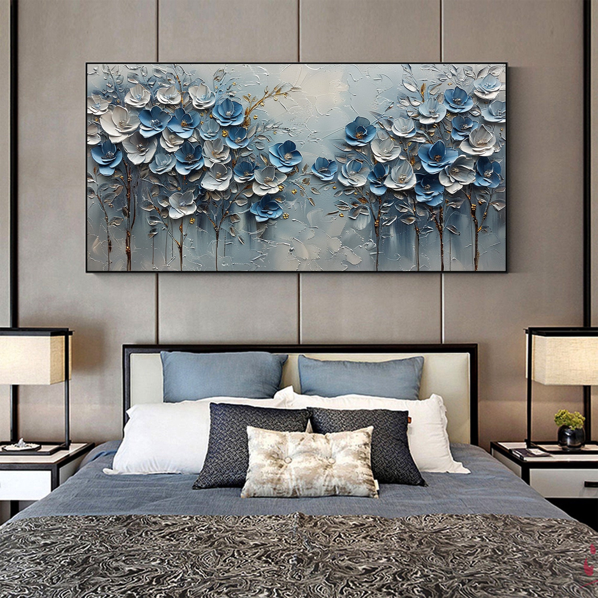Cerulean Bloom – Hand-Painted Blue and White 3D Textured Palette Knife Floral Painting | Contemporary Botanical Bedroom & Living Room Art