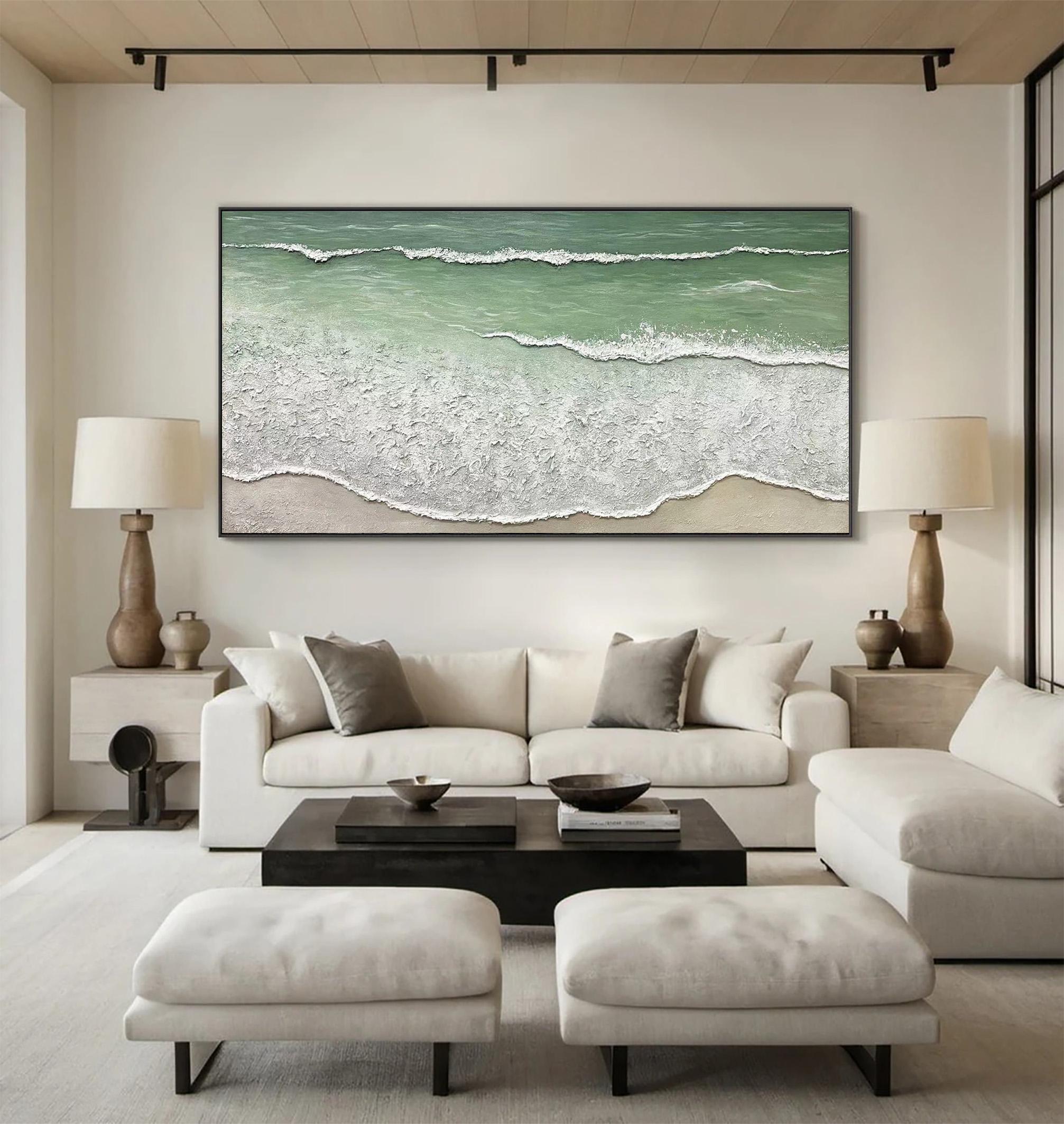 Rhythm of Tides – Modern Minimalist Ocean Wave Textured Art | Panoramic Coastal Living Room Art