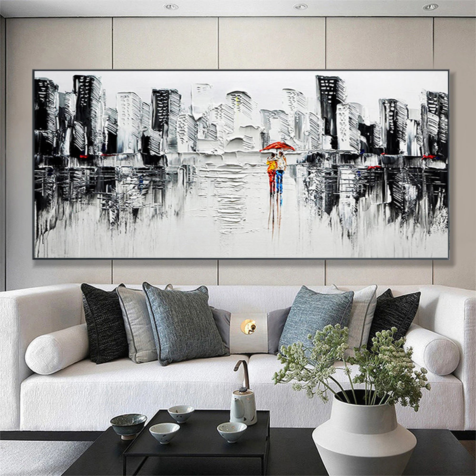 Rainy Romance – Hand-Painted Black and White Skyline Palette Knife Red Umbrella Textured Oil Cityscape Painting | Modern Noir Portrait Living Room & Hotel Art