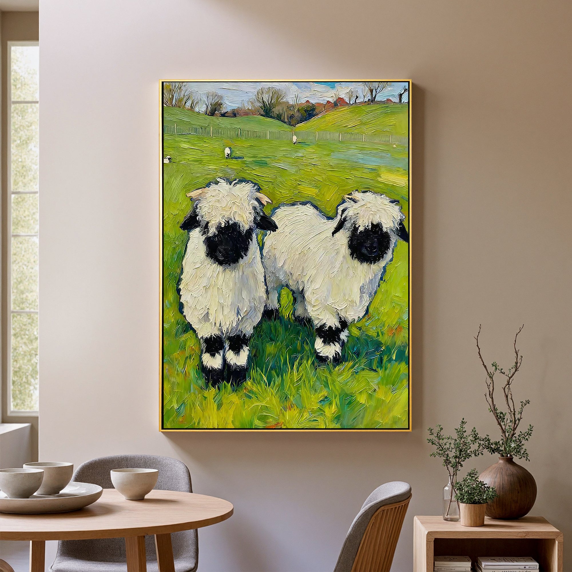 The Cotton-Wool Meadow – Post-Impressionist Sheep Impasto Painting | Whimsical Countryside Living Room Art