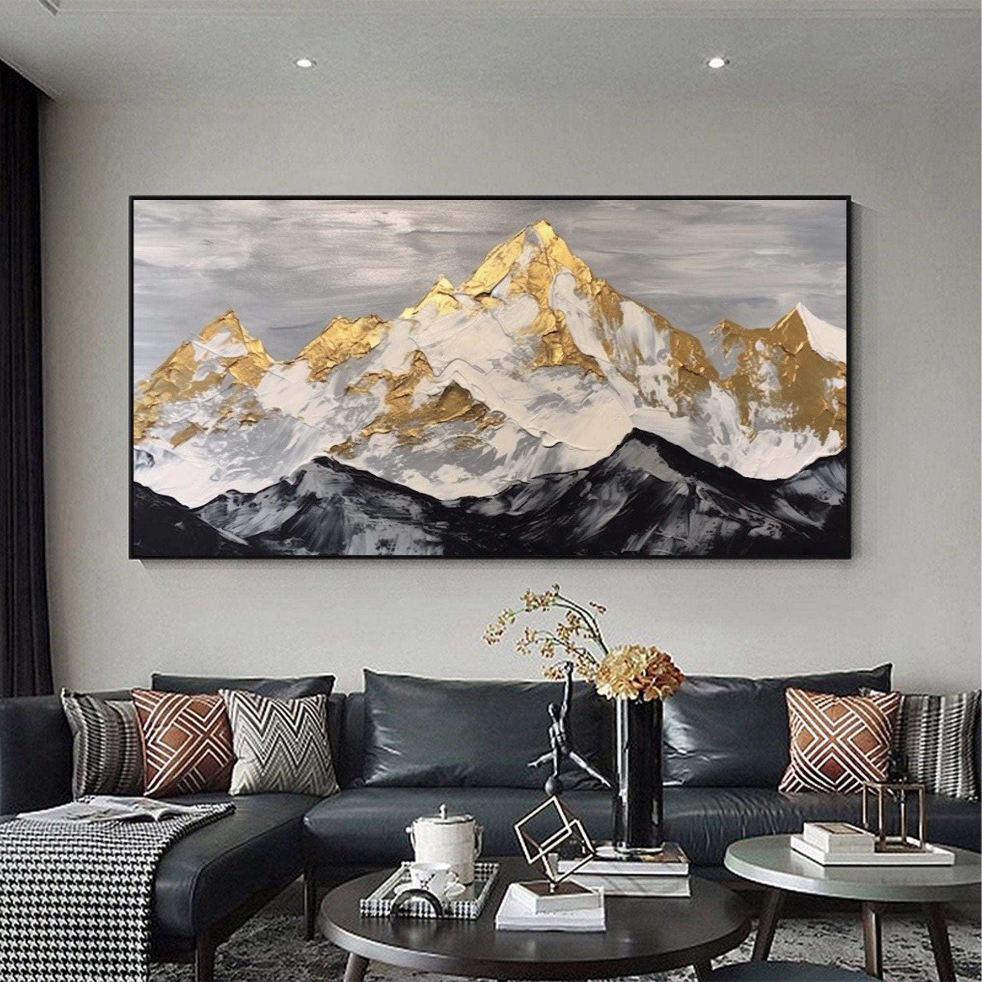 GOLDEN PEAK: Mountain Wall Art, 3D Heavy Texture Gold Leaf Snow Mountain Hand-Painted Oil Painting