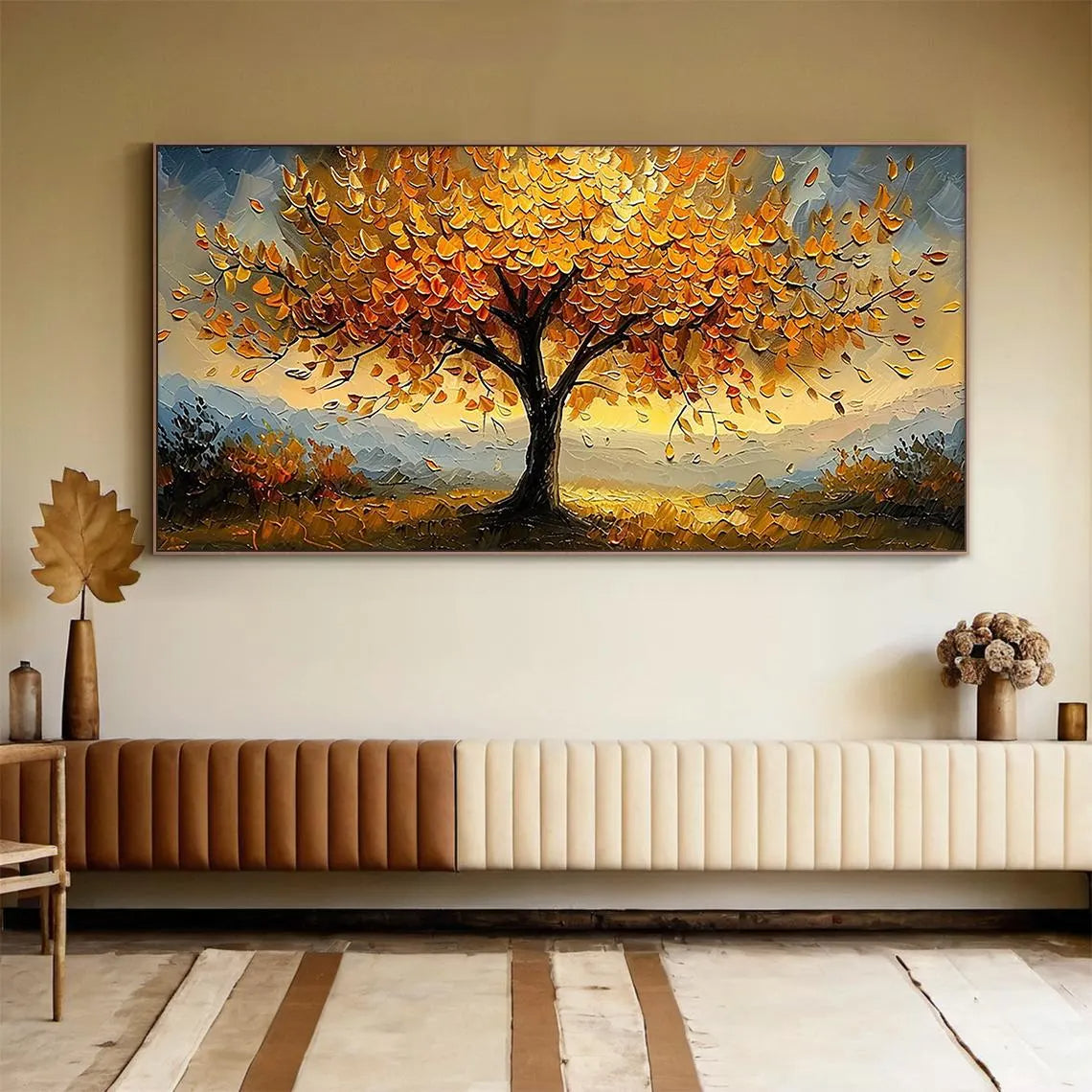 Golden Anthem – Modern Hand-Painted Impasto Oil Painting | Textured Tree of Life Living Room Art