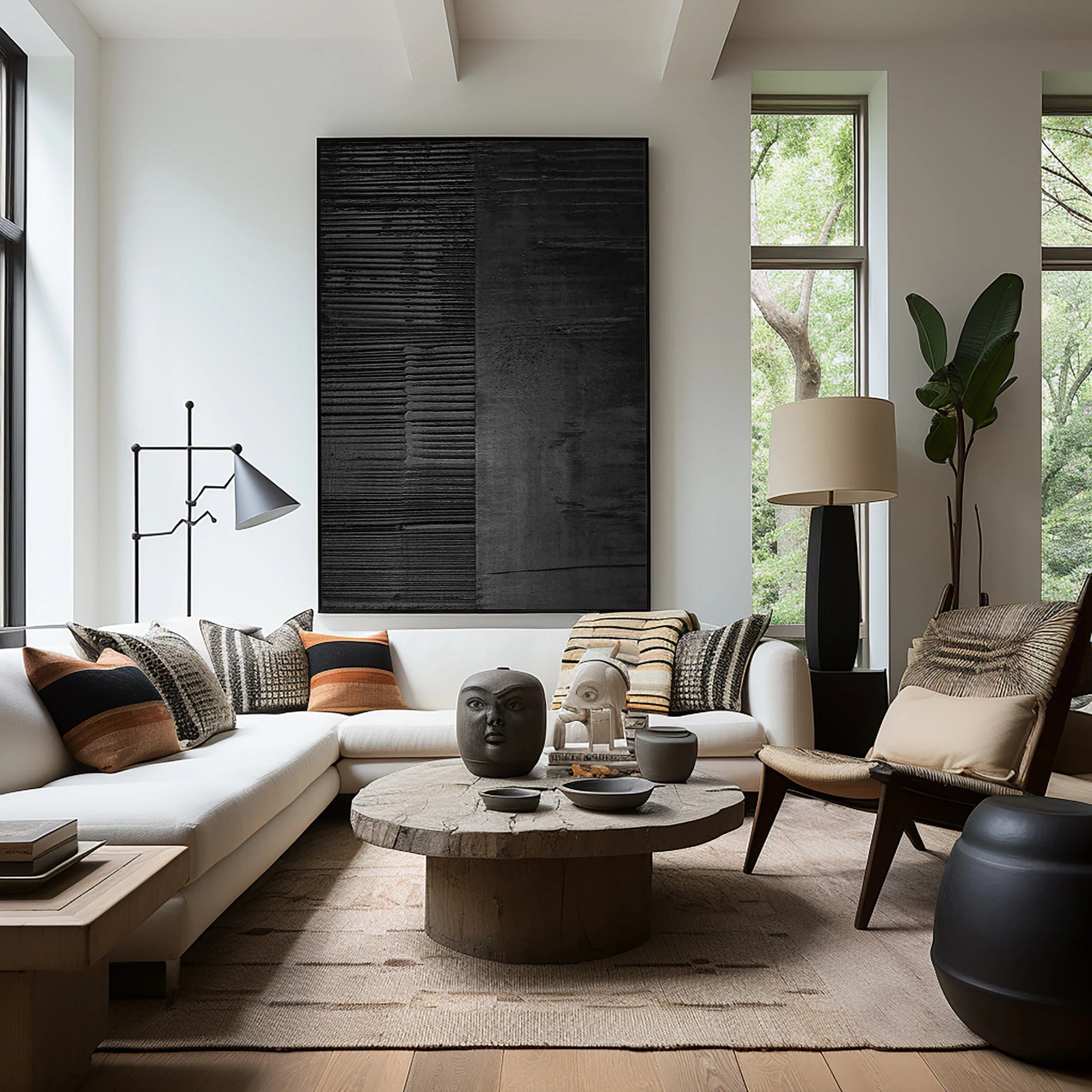 Carbon Grid – Hand-Painted Pure Black Plaster Effect Industrial Line Relief Wabi-Sabi Painting | Japandi Wabi-Sabi Living Room & Bedroom Art