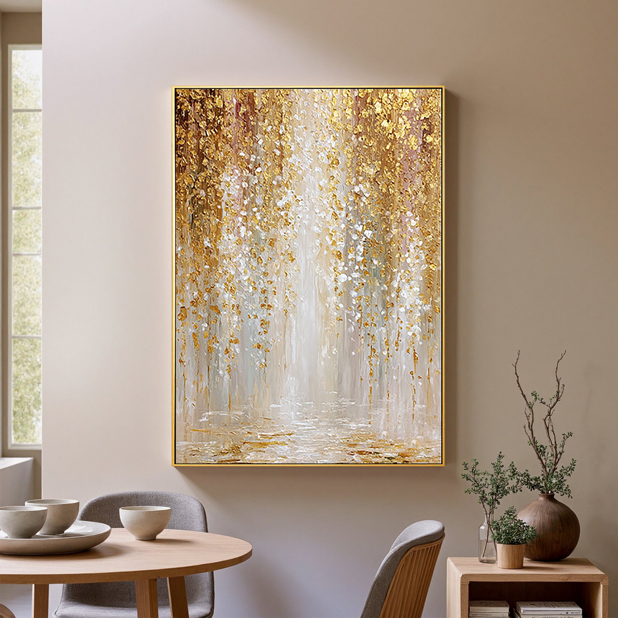 Gilded Rain – Modern Abstract Gold Leaf Waterfall Painting | Luxury Heavy Impasto Dining Room Art