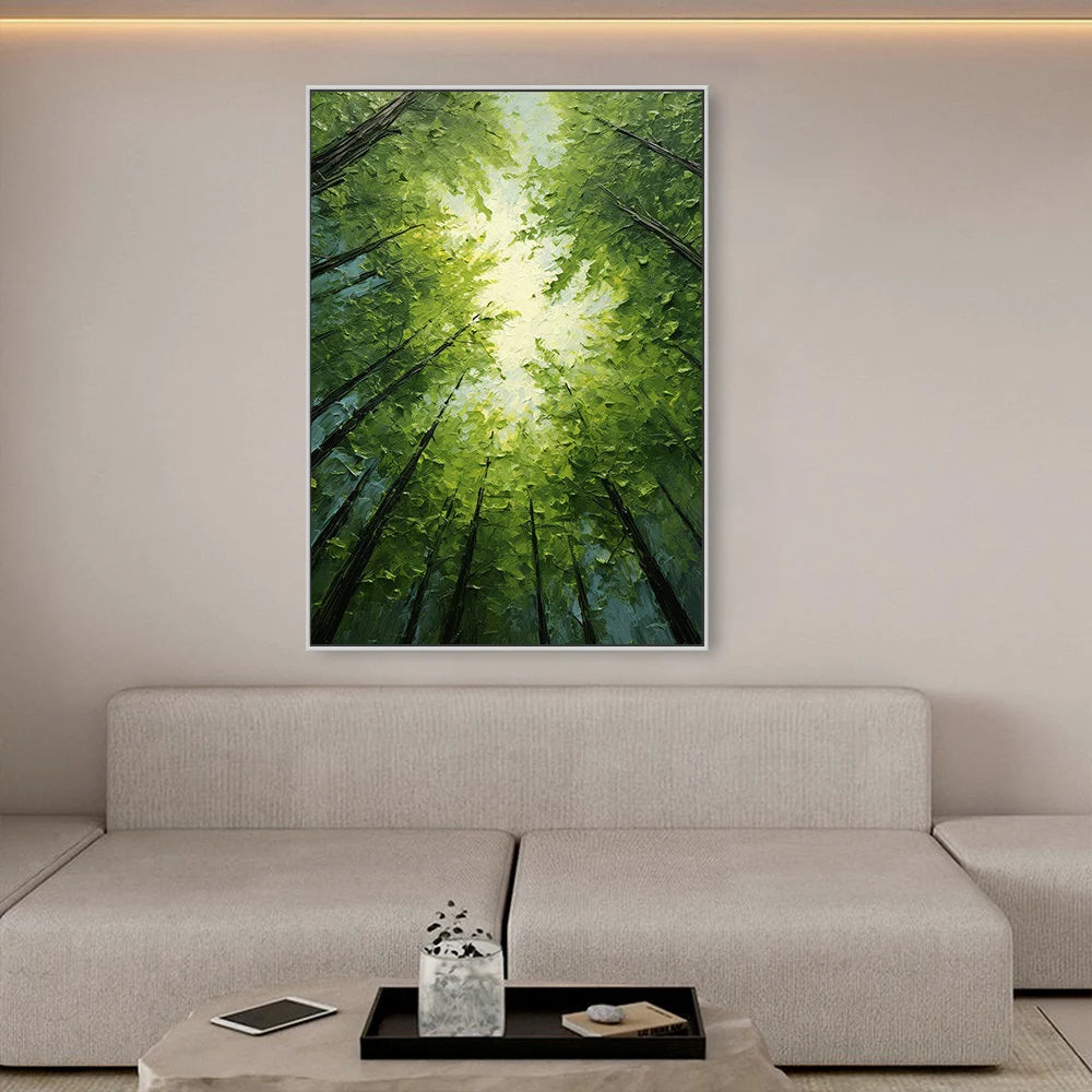 Emerald Canopy – Hand-Painted Worm's-Eye View Green Tree Sunlight Palette Knife Forest Painting | Contemporary Landscape Living Room & Dining Room Art