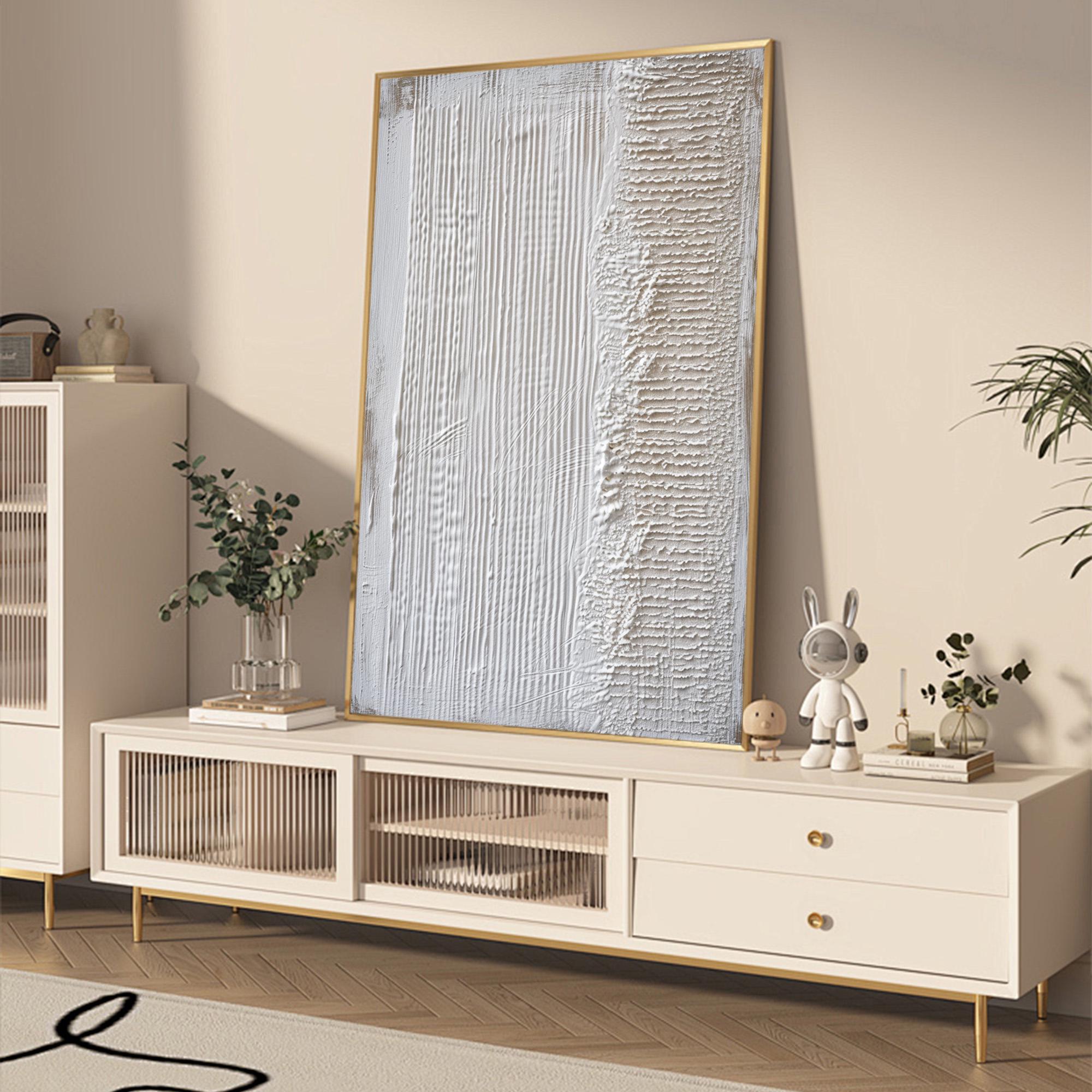 Linear Rhythm – Hand-Painted Minimalist Line Plaster Relief Texture Painting | Modern Minimalist Bedroom & Home Office Art
